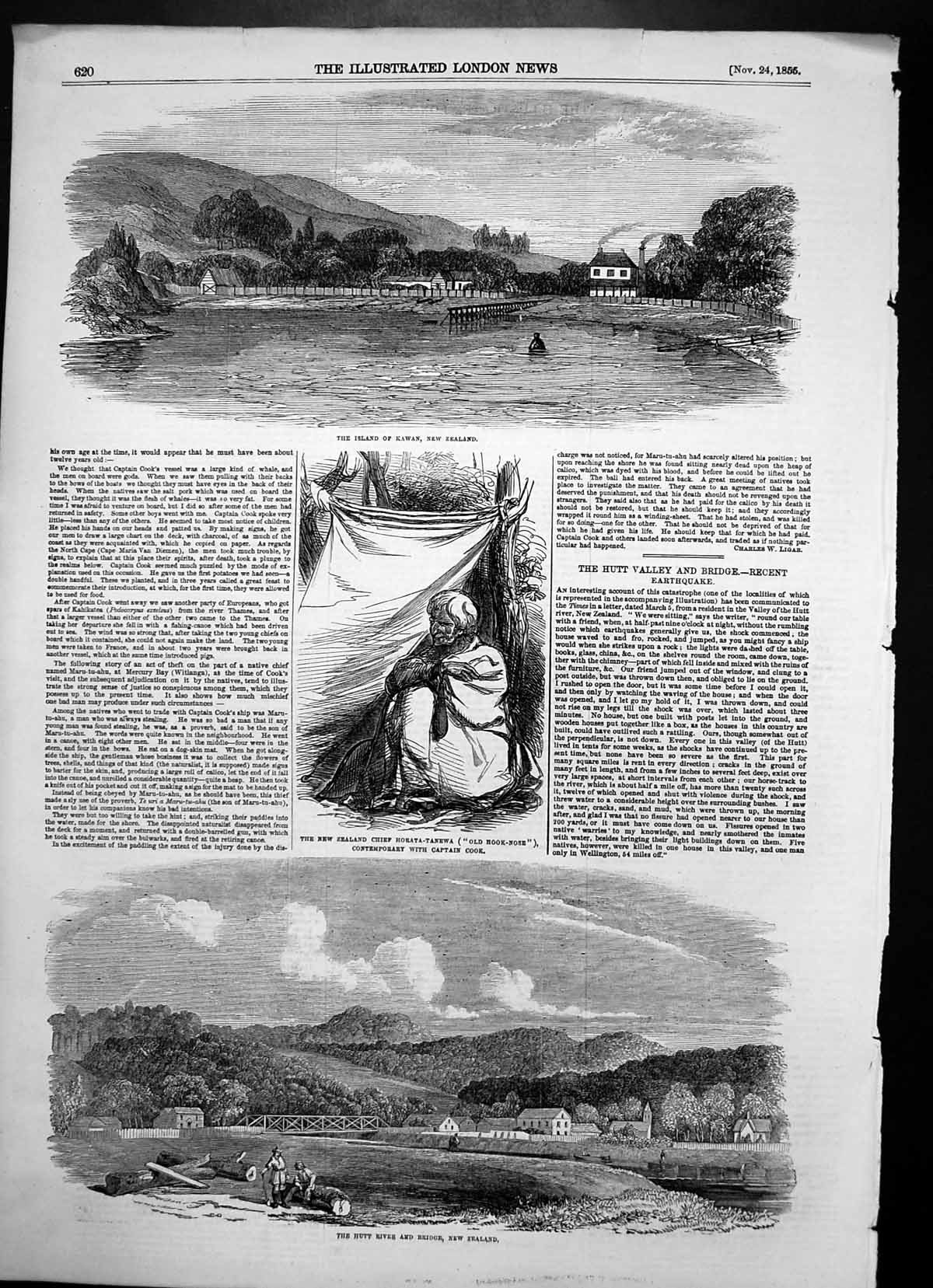 Old Print New Zealand Island Kawan Hutt River Bridge Chief Hook Nose 1855 19th