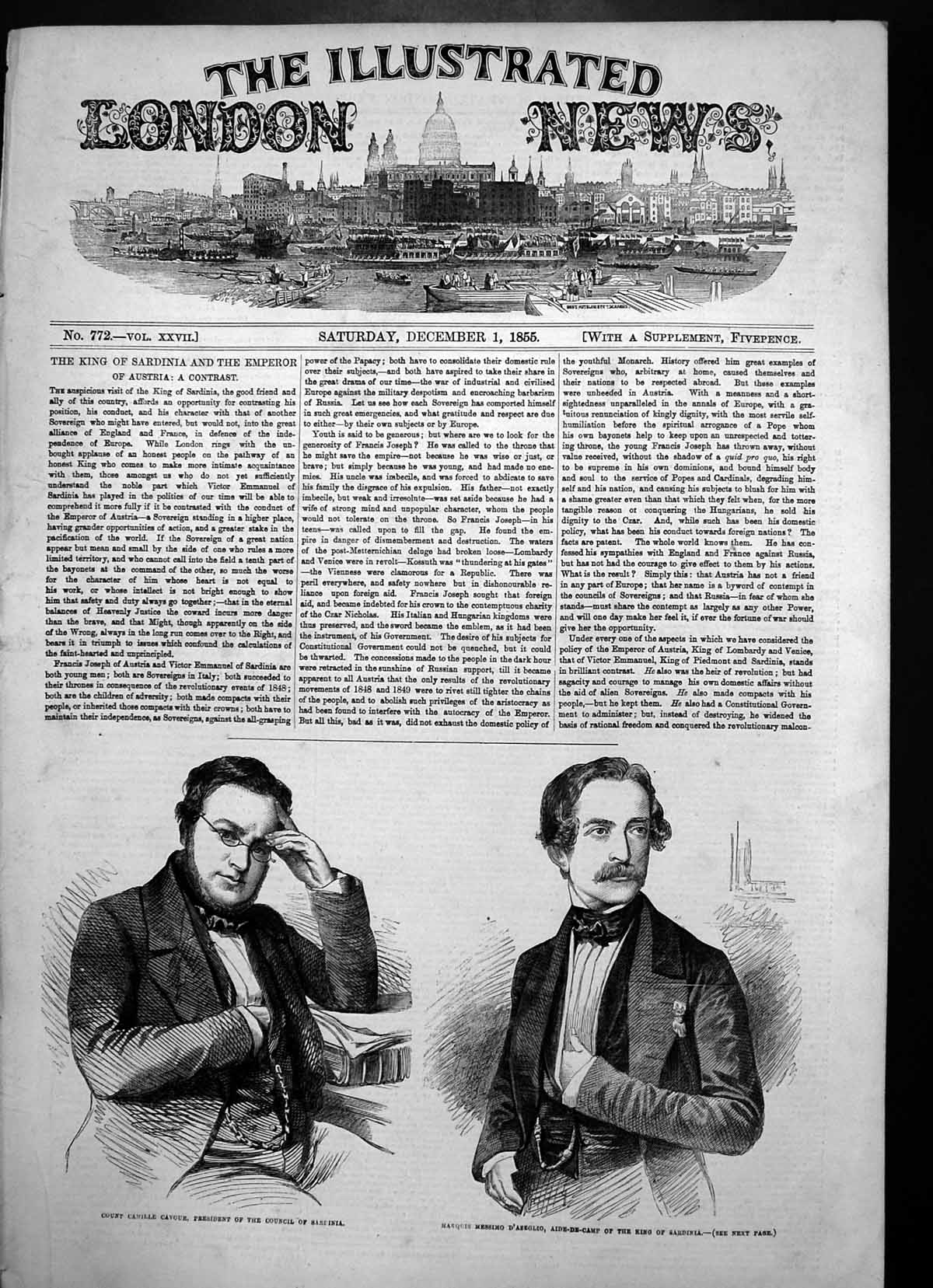 Antique Print Count Camille Cavour Council Sardinia Messimo D'Azeglio 1855 19th