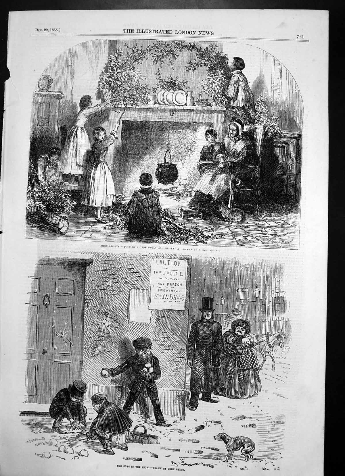 Old Antique Print Boys Snow Christmas Eve Putting Up Holly Mistletoe 1855 19th