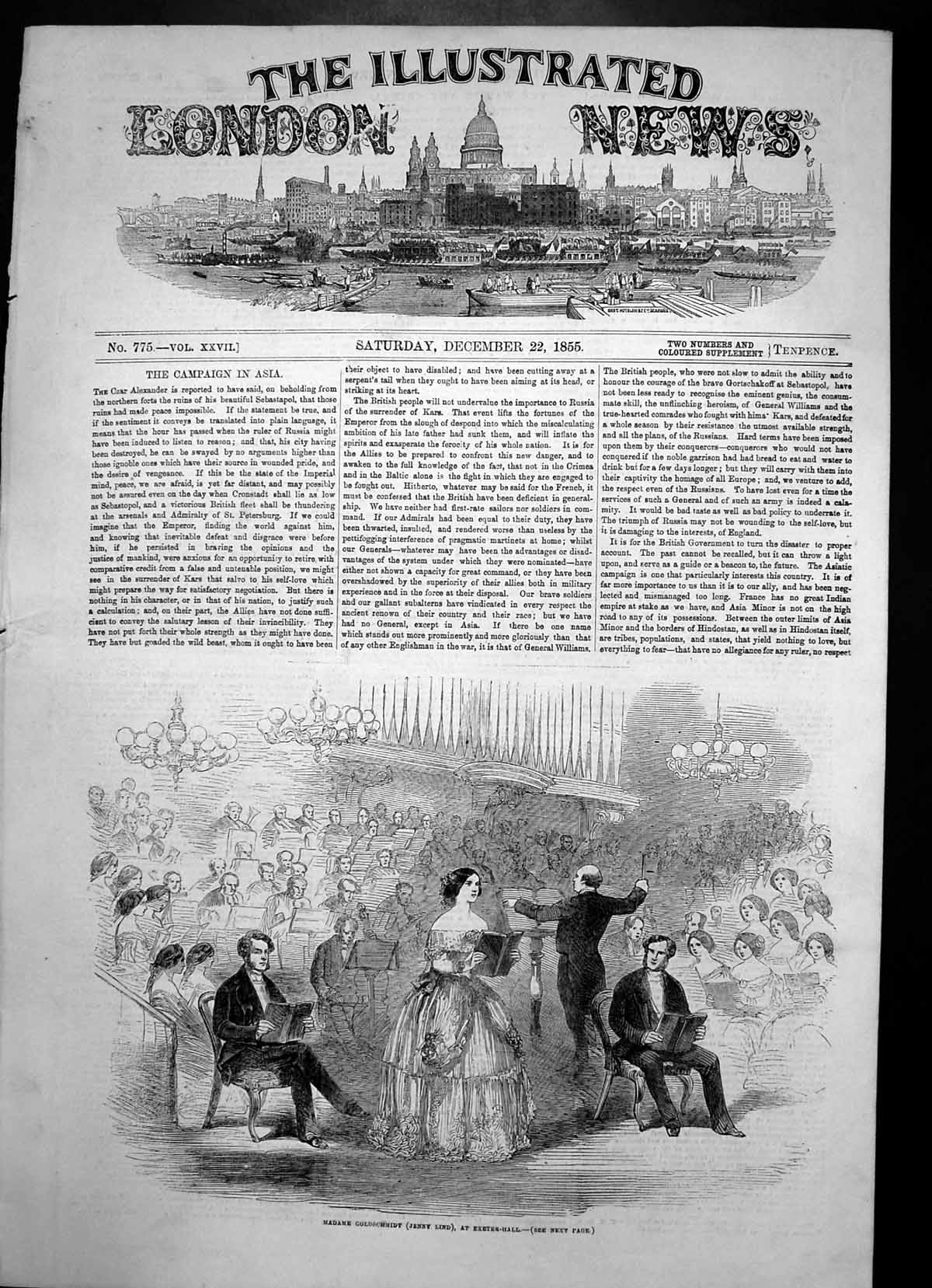 Original Old Antique Print Madame Gschmidt Jenny Lind Exeter Hall Elijah 1855