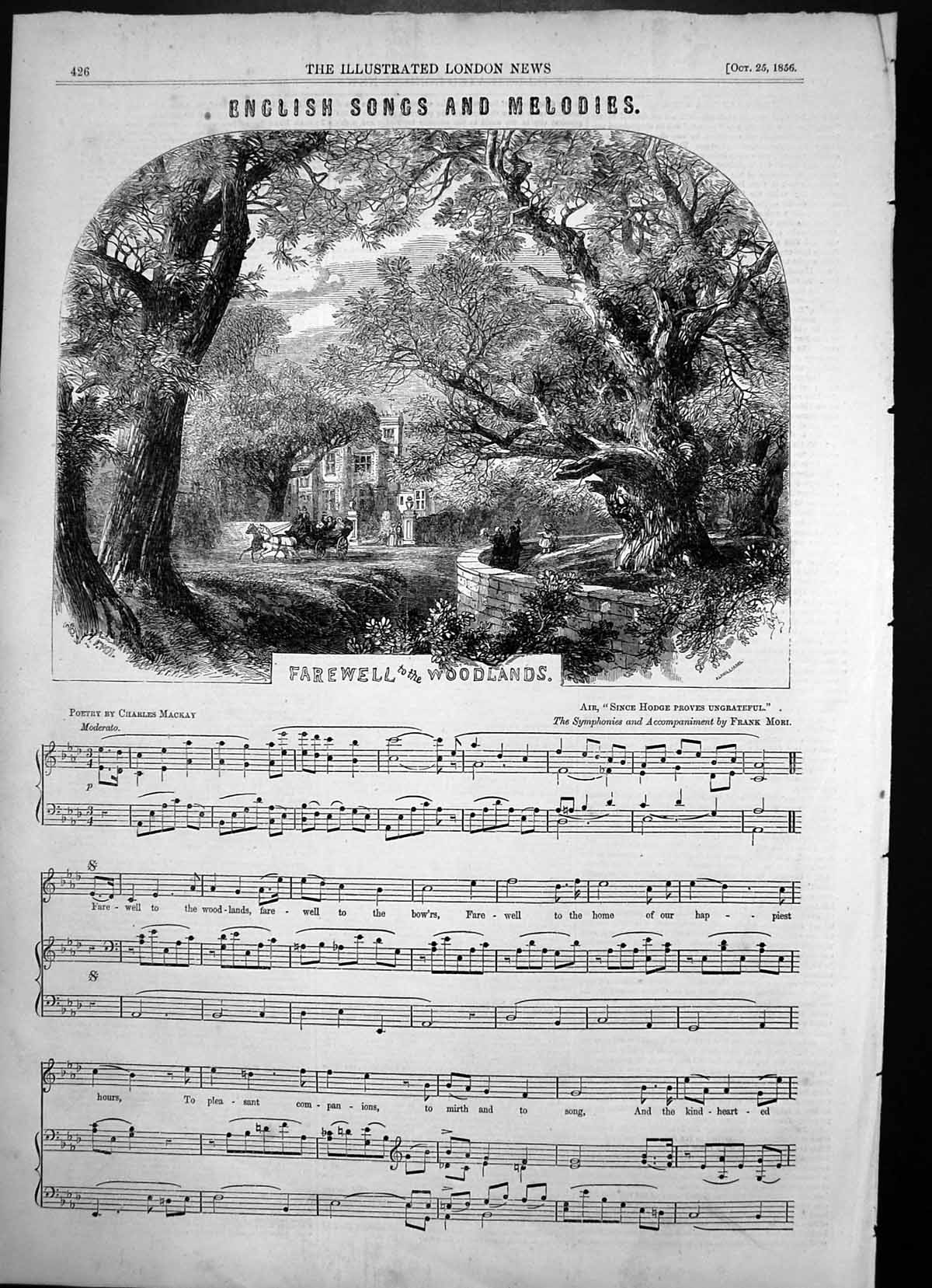 Original Old Antique Print Music English Song Melody Farewell Woodlands 1856