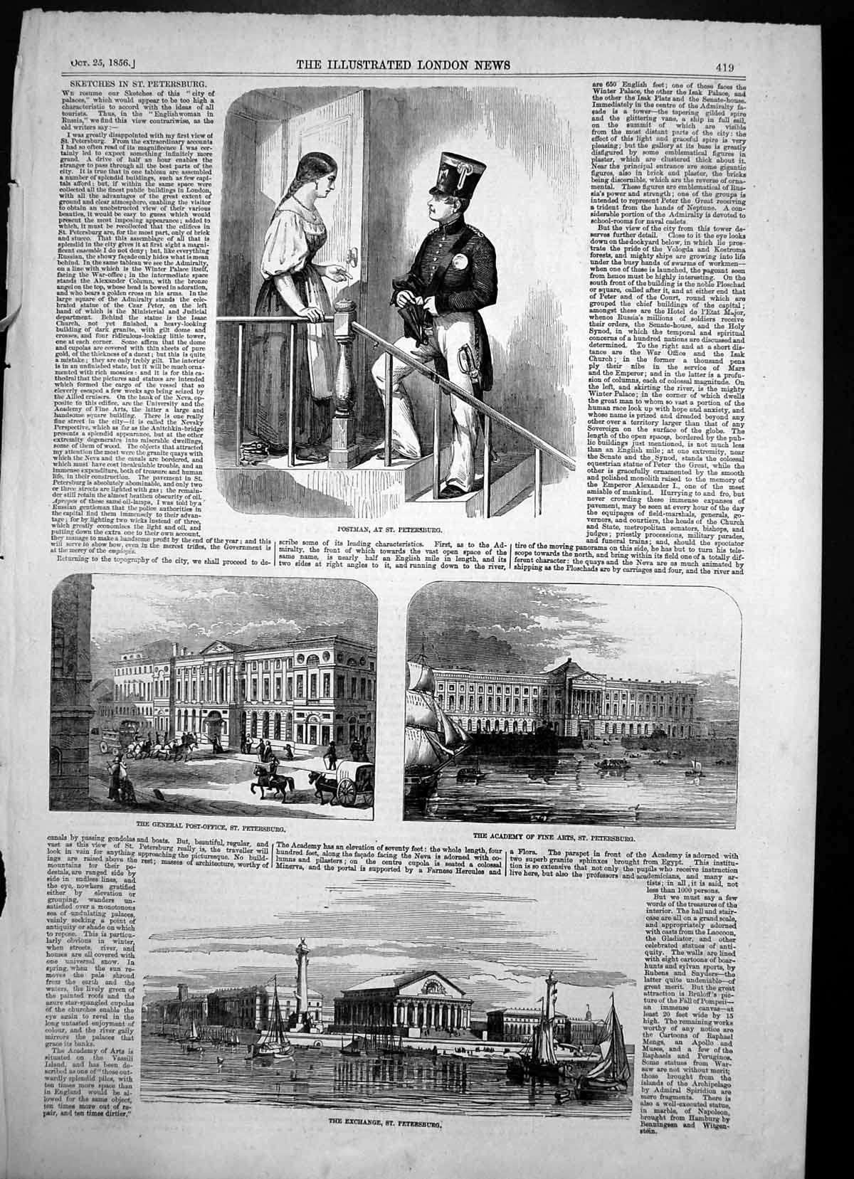 Antique Print St Petersburg Postman Post Office Exchange Academy Arts 1856 19th