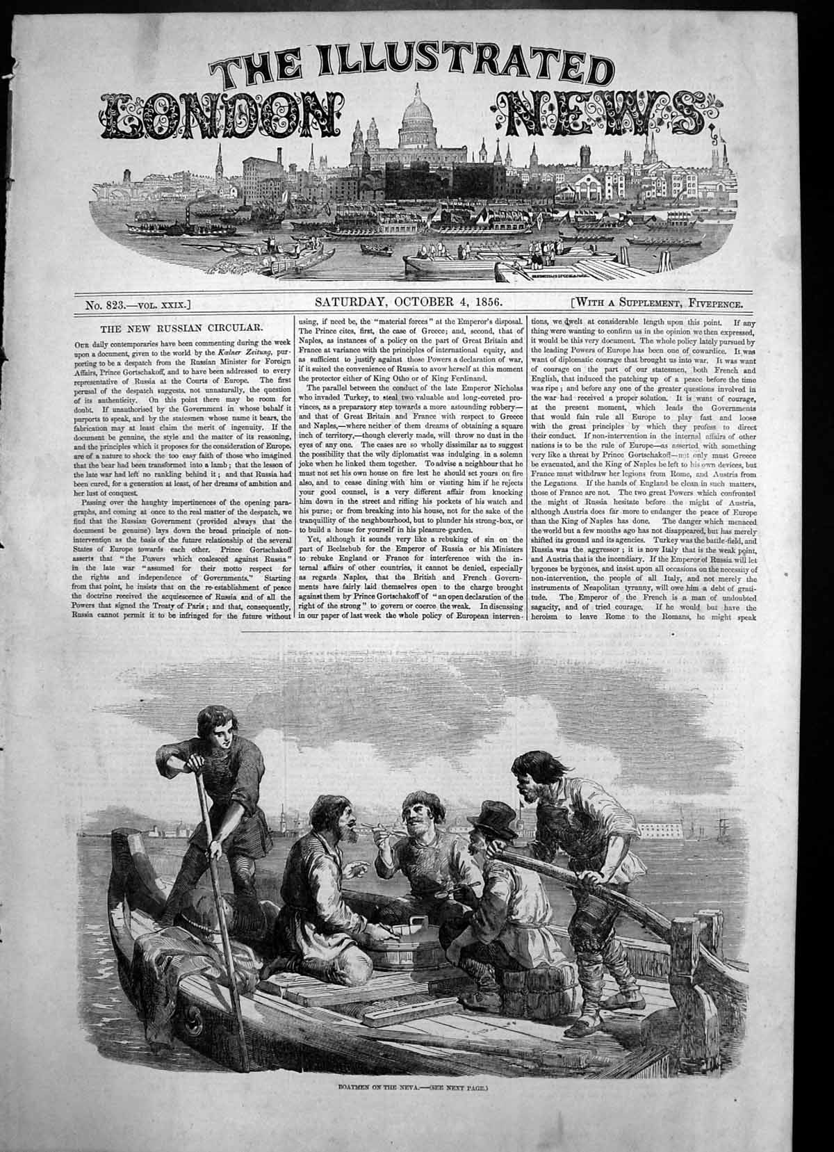 Antique Old Print Boatmen River Neva St Petersburg Eating Rowing Boat 1856 19th