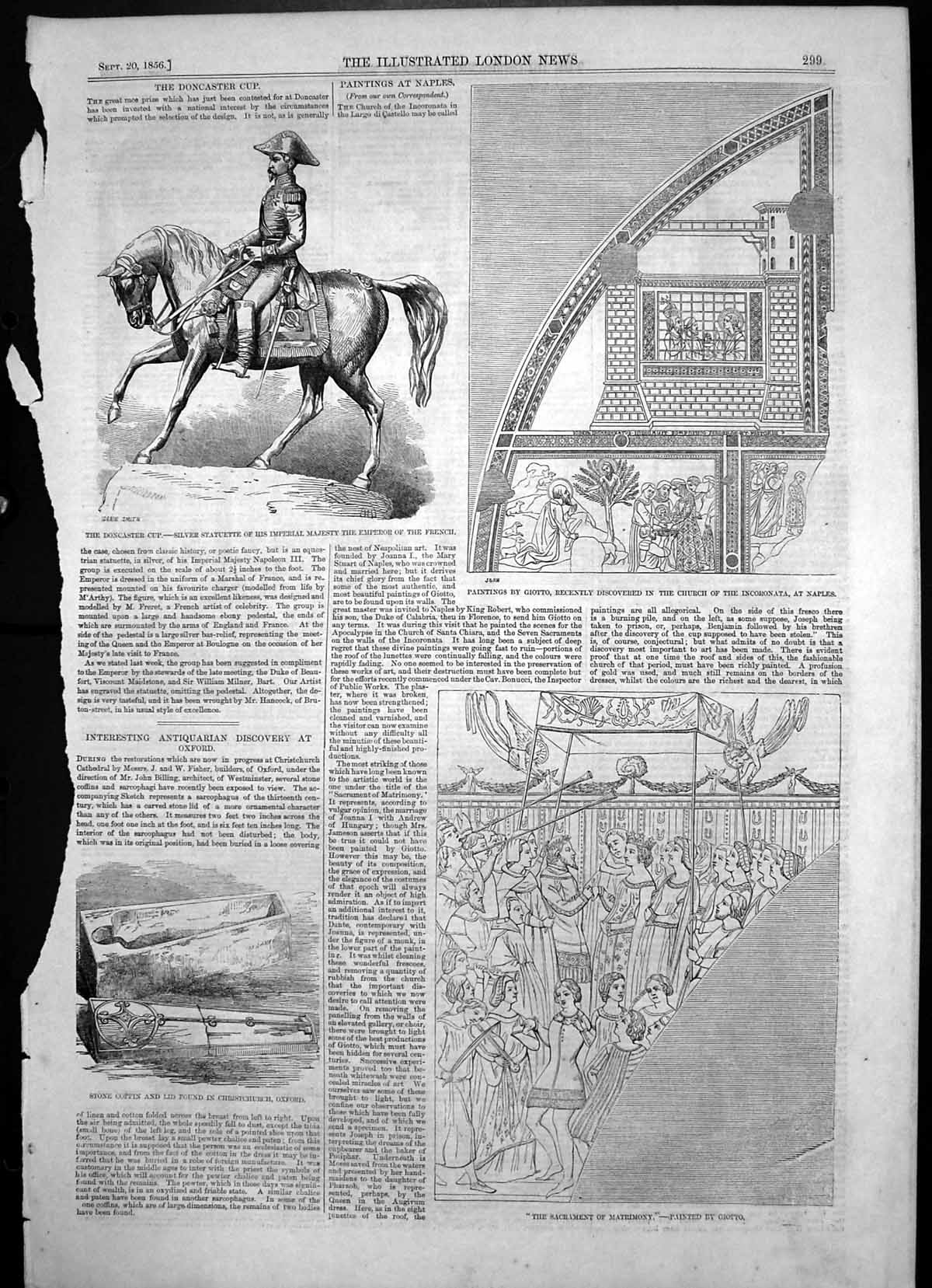 Antique Old Print Statuette French Emperor Paintings Giotto Found Naples 1856