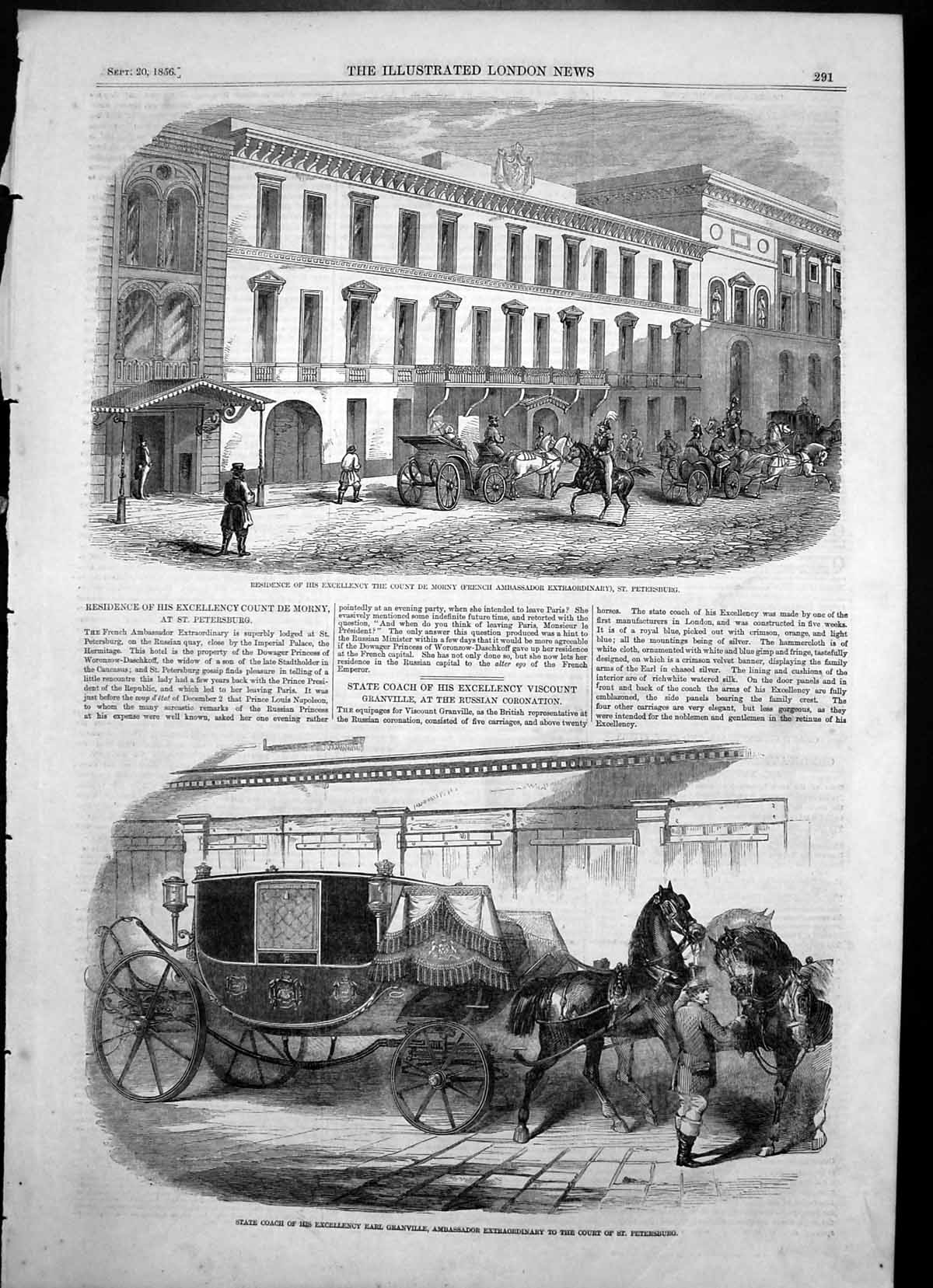 Antique Old Print Home Count De Morny St Petersburg Coach Earl Granville 1856