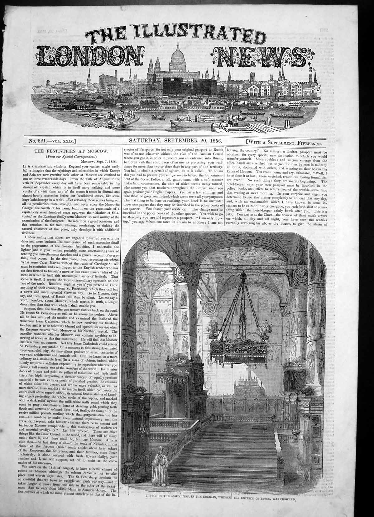 Old Antique Print Church Assumption Kremlin Emperor Russia Crowned 1856 19th