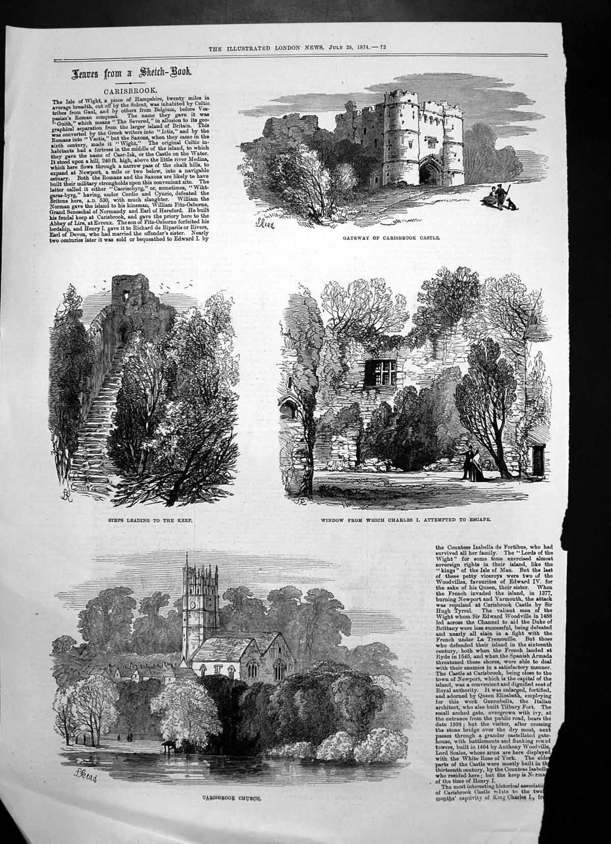Antique Old Print Carisbrook Gateway Castle Steps Keep CharlesEscaped 1874