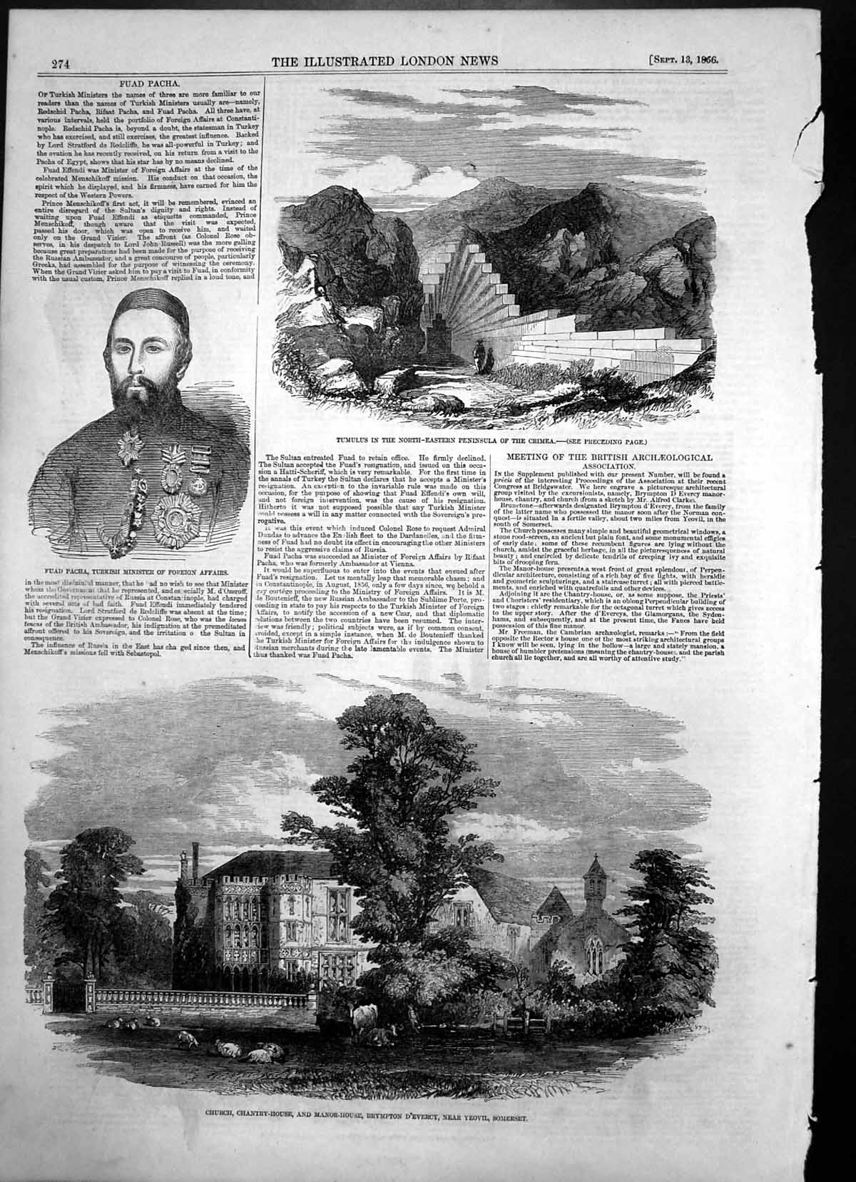 Antique Print Fuad Pacha Turkish Minister Church Chantry House Yeovil 1856 19th