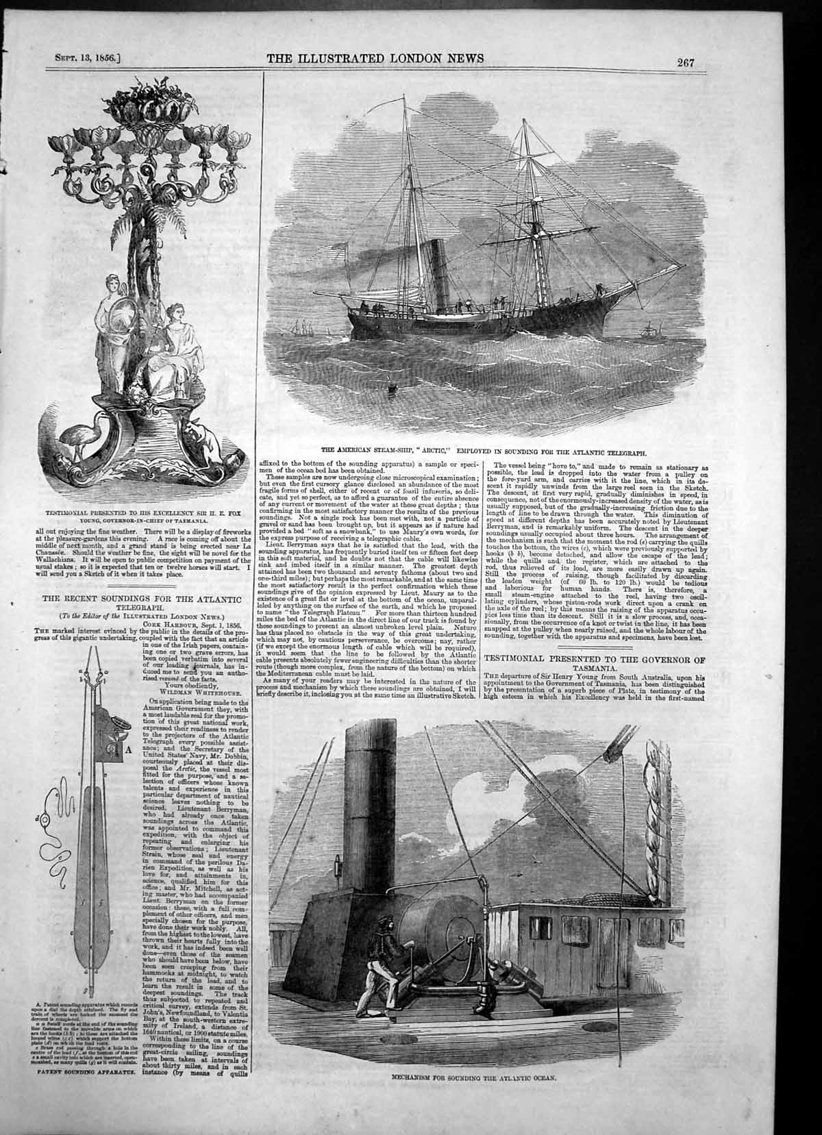 Antique Old Print American Steam Ship Arctic Sounding Atlantic Telegraph 1856