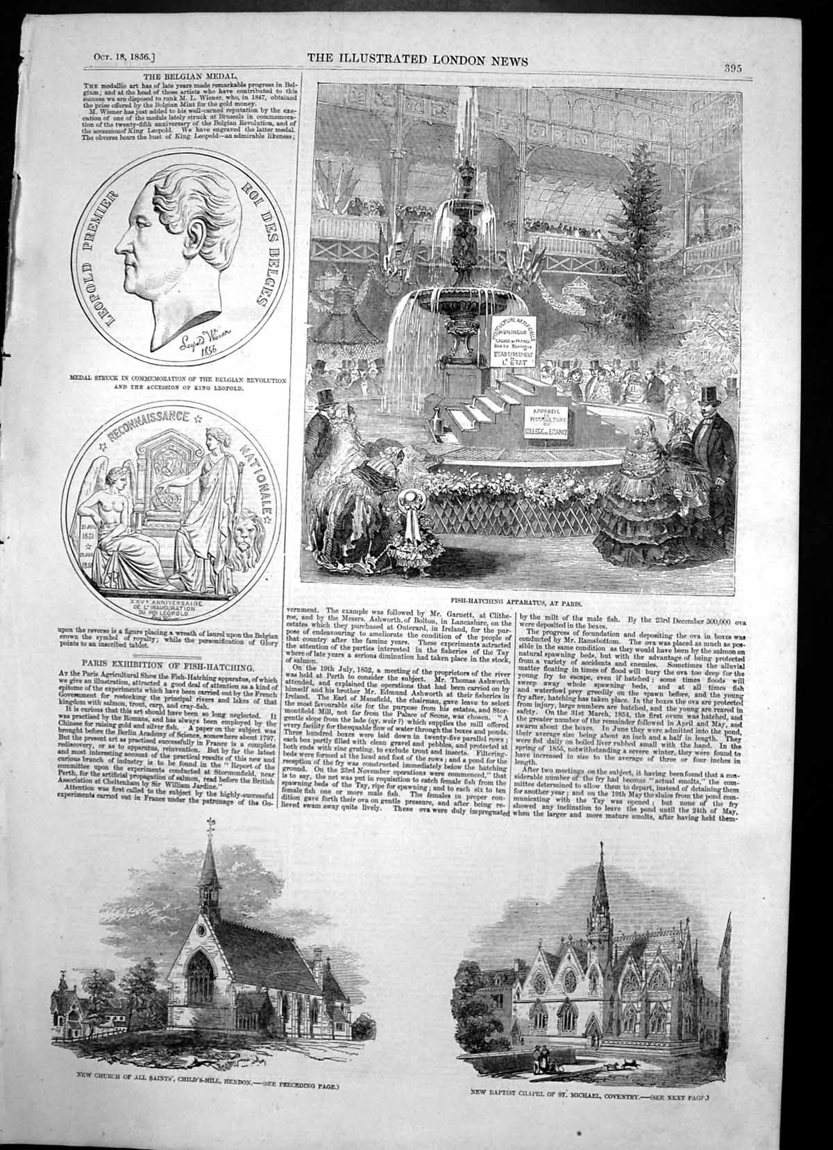 Antique Print Fish Hatching Apparatus Paris Church St Michael Coventry 1856