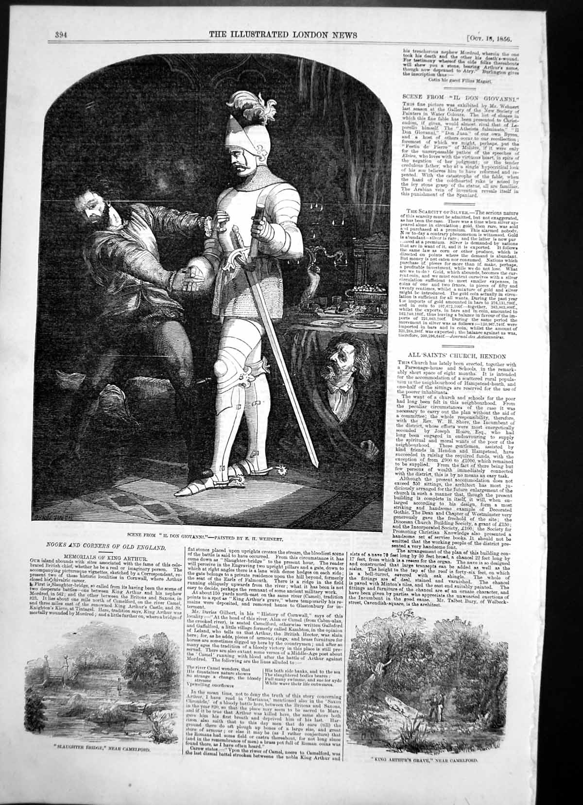 Antique Old Print Il Don Giovanni Slaughter Bridge Camelford King Arthur 1856