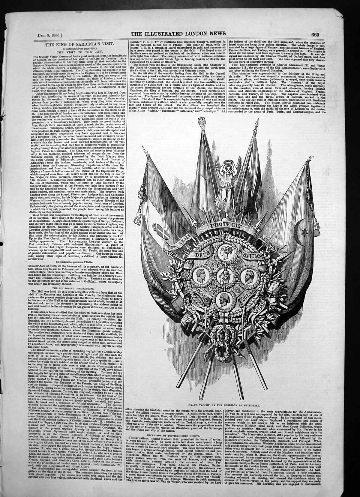 Antique Old Print Grand Trophy Corridor Guildhall Alma Protegit Inkerman 1855