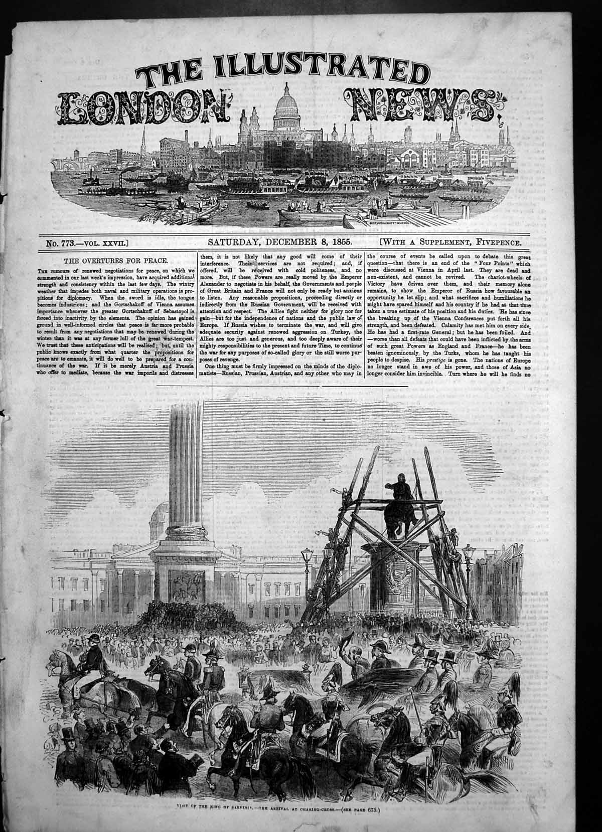 Original Old Antique Print Visit King Sardinia Arrival Charing Cross 1855 19th