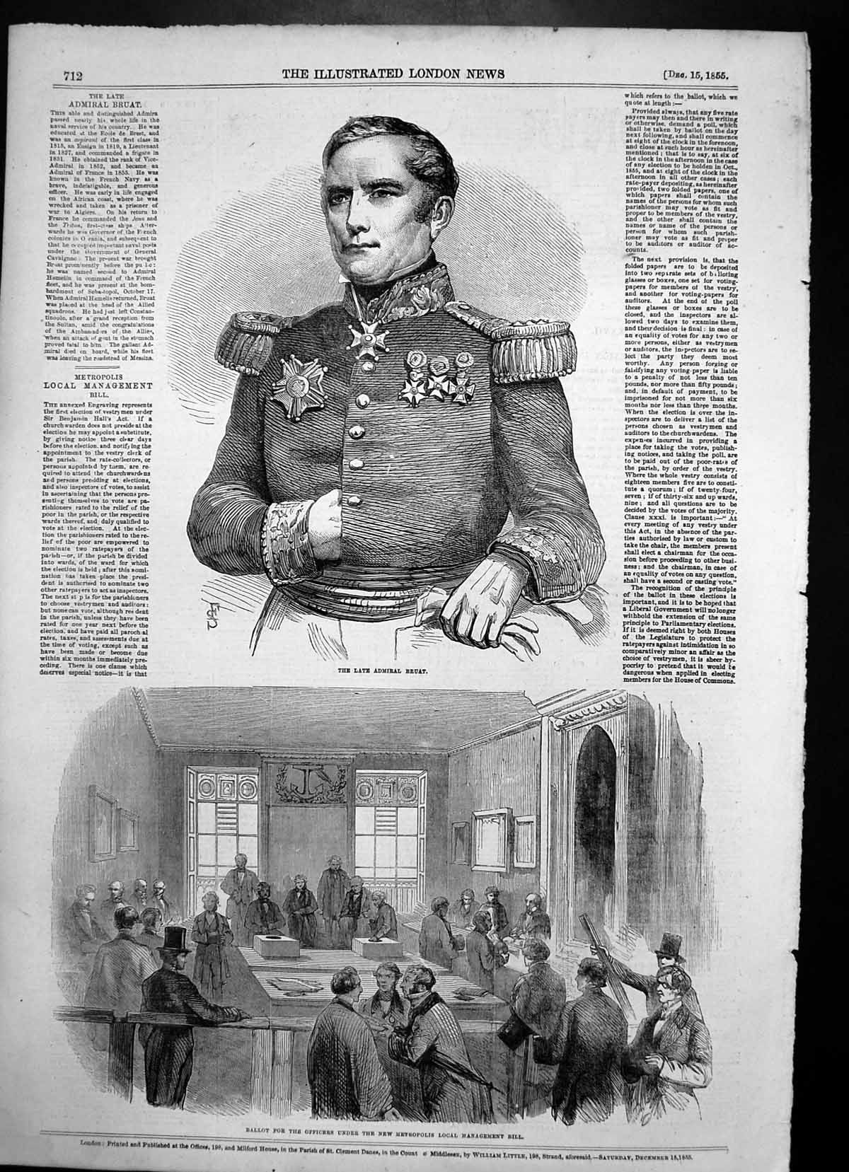 Old Antique Print Admiral Bruat Ballot Officers New Metropolis Bill 1855 19th