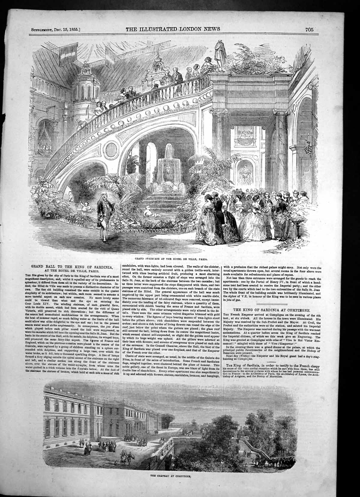 Antique Old Print Grand Staircase Hotel De Ville Paris Chateau Compiegne 1855