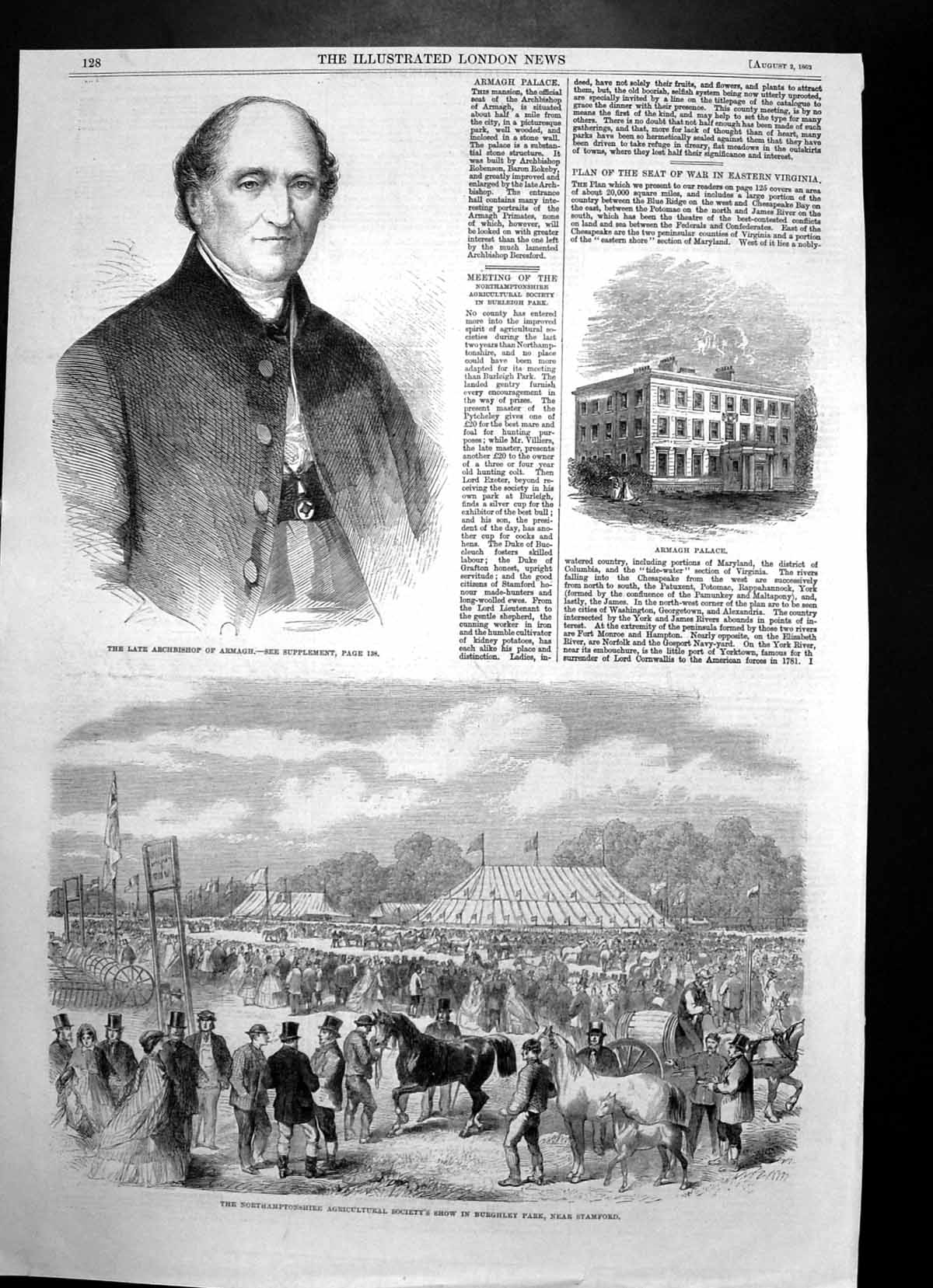 Antique Old Print Archbishop Armagh Palace Agricultural Show Stamford 1862 19th