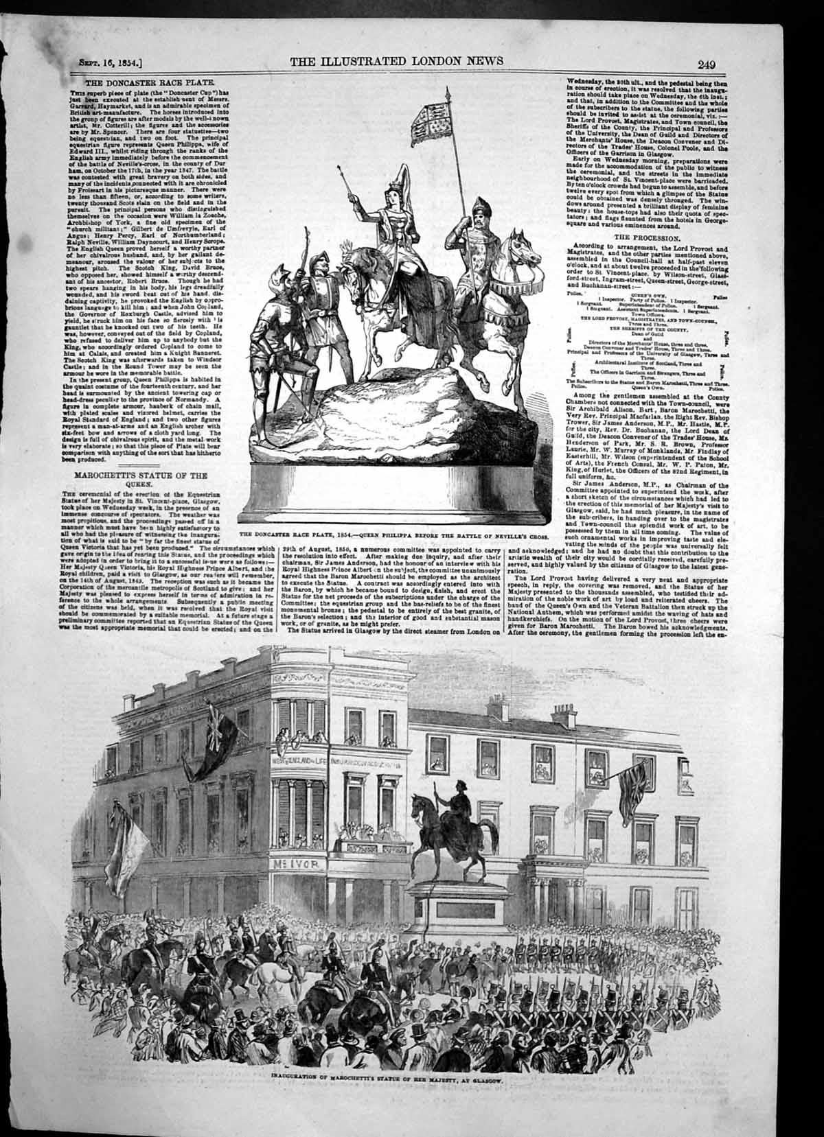 Antique Old Print Marochettis Statue Queen Glasgow Doncaster Race Plate 1854