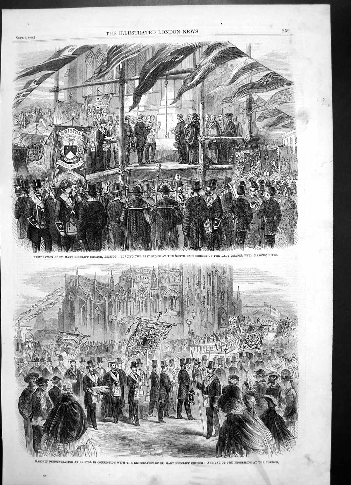 Antique Old Print St Marys Redcliff Church Bristol Masonic Demonstration 1861
