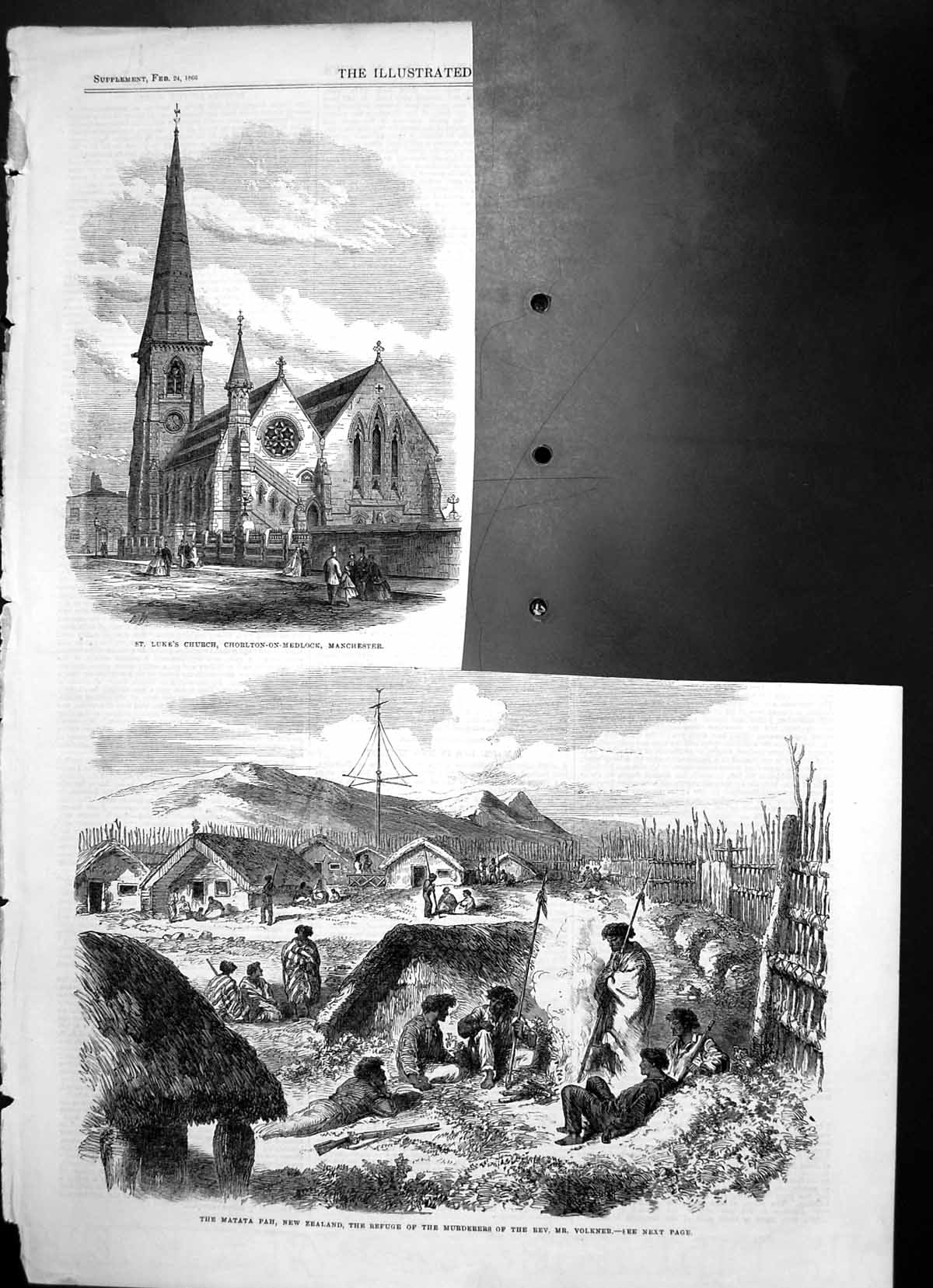 Old Antique Print St Lukes Church Manchester Matata Pah New Zealand 1866 19th