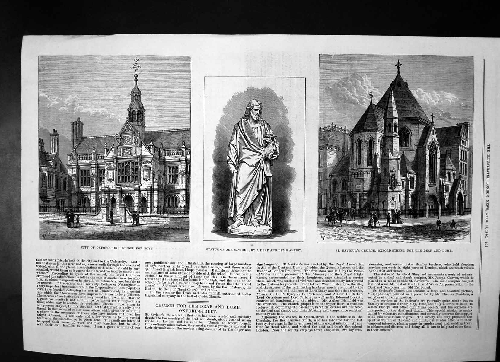 Old Print Church Deaf Oxford Street Statue Saviour High School Boys 1880 19th