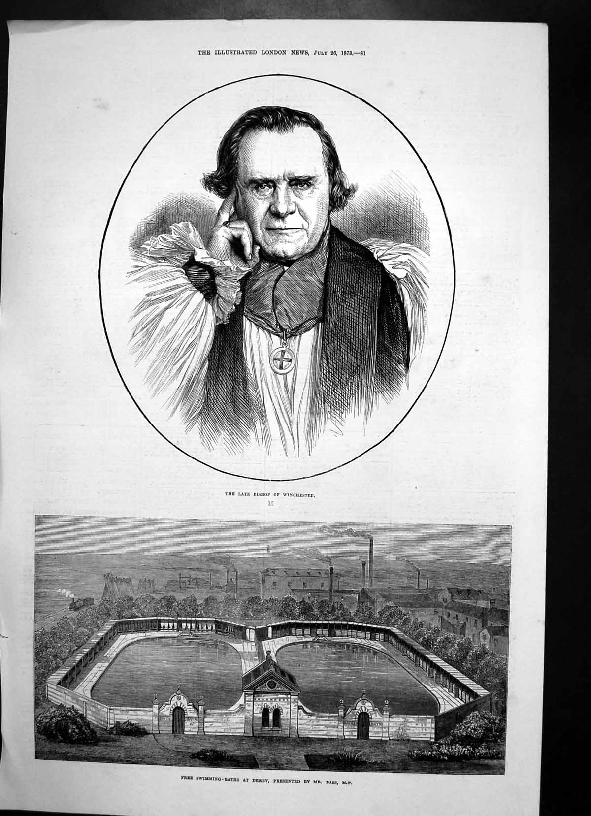 Antique Print Late Bishop Winchester Free Swimming Baths Derby Mr Bass 1873