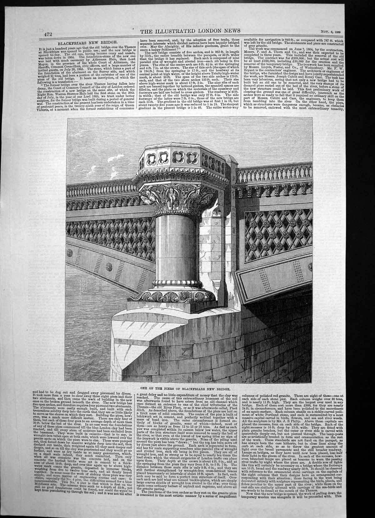 Original Old Antique Print One Piers Blackfriars New Bridge Over Thames 1869