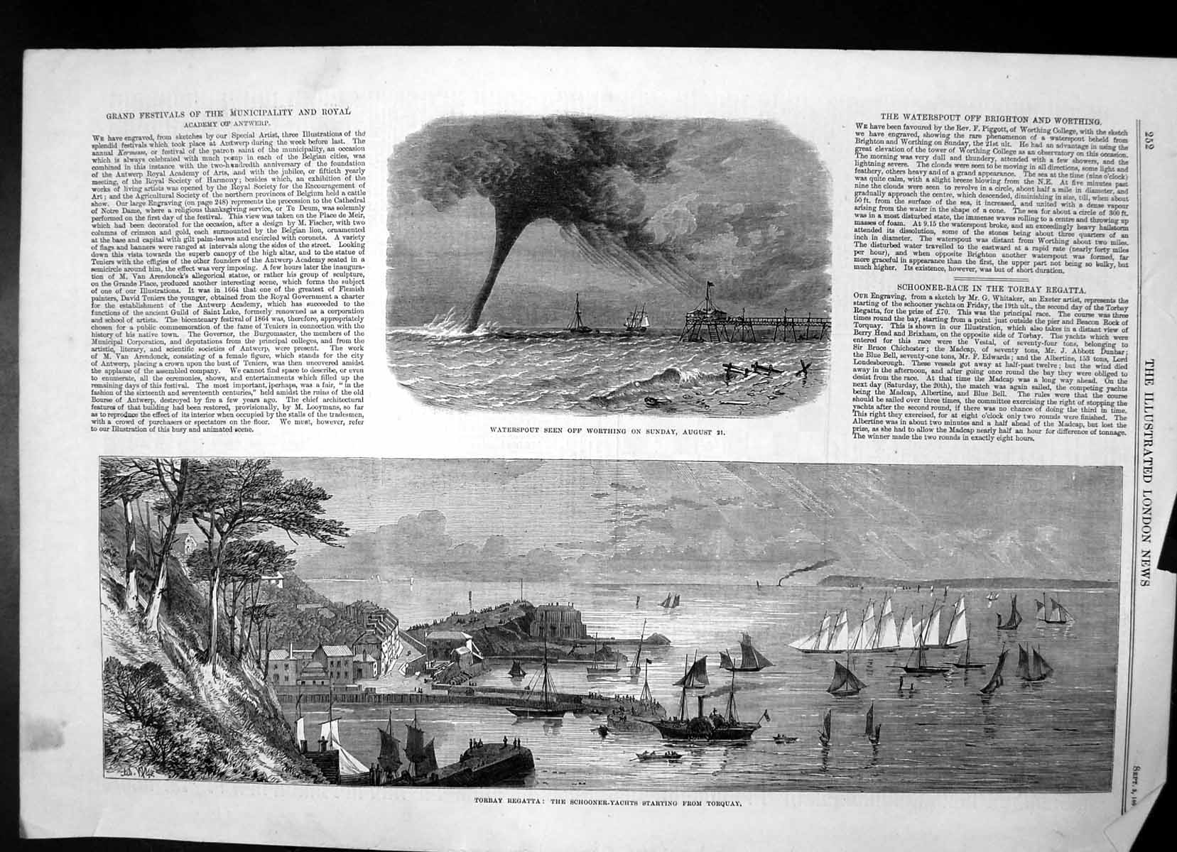 Old Antique Print Water Spout Worthing Torbay Regatta Yachts Torquay 1864 19th