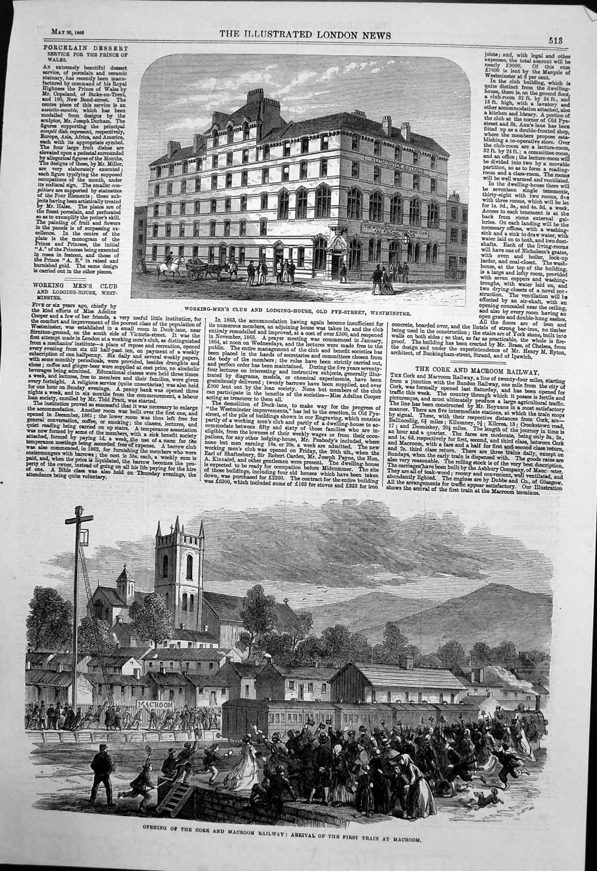 Old Antique Print Working Mens Club Westminster Cork Macroom Railway 1866 19th