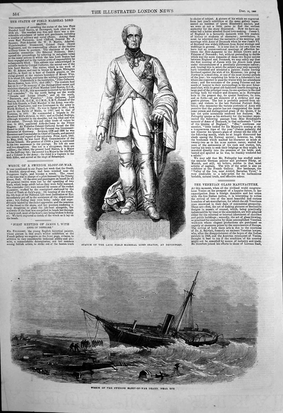 Antique Old Print Wreck Swedish Sloop War Oradd Rye Statue Lord Seaton 1866