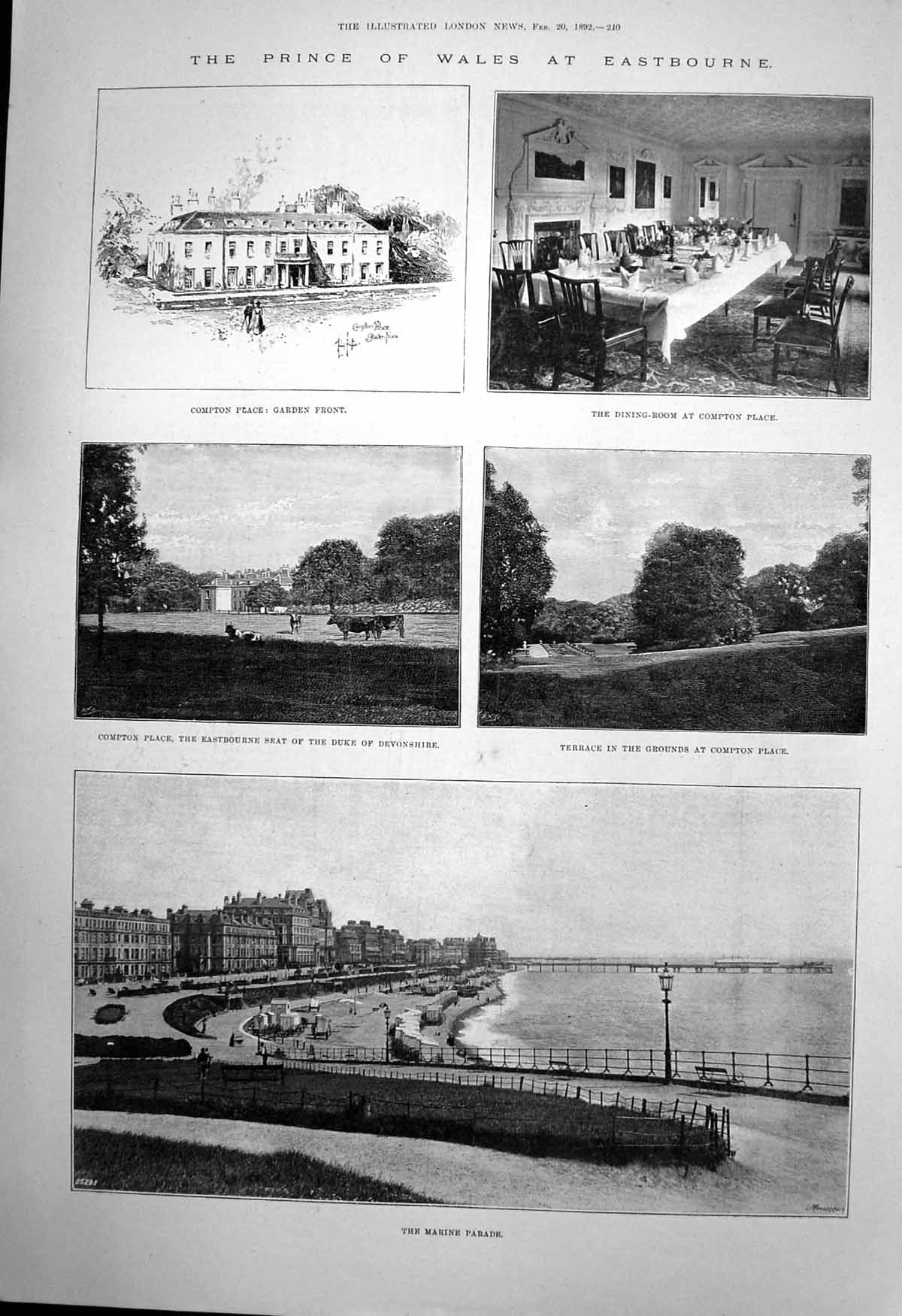 Antique Old Print Prince Wales Eastbourne Marine Parade Compton Place 1892 19th