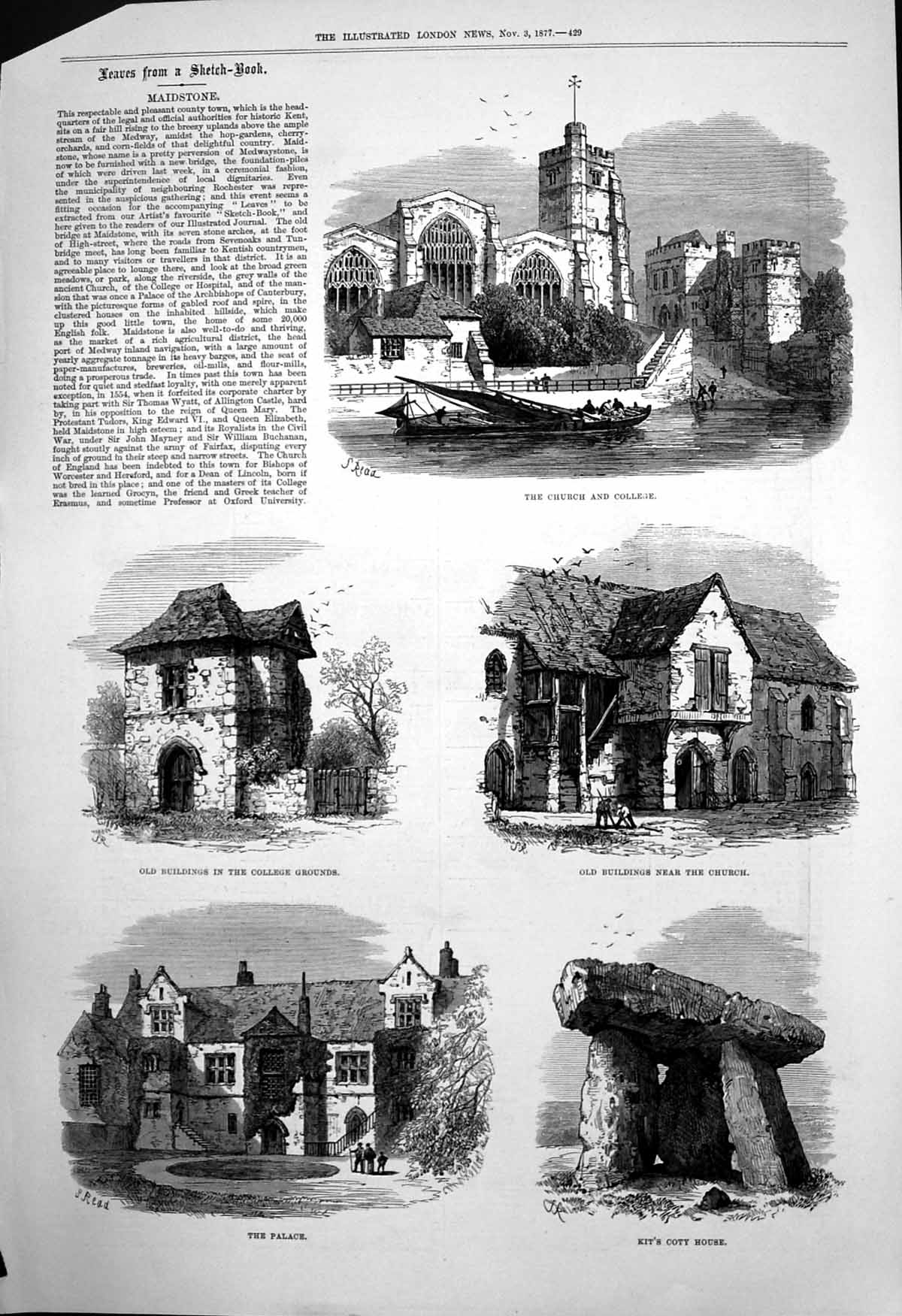 Original Old Antique Print Buildings College Grounds Maidstone Church 1877 19th