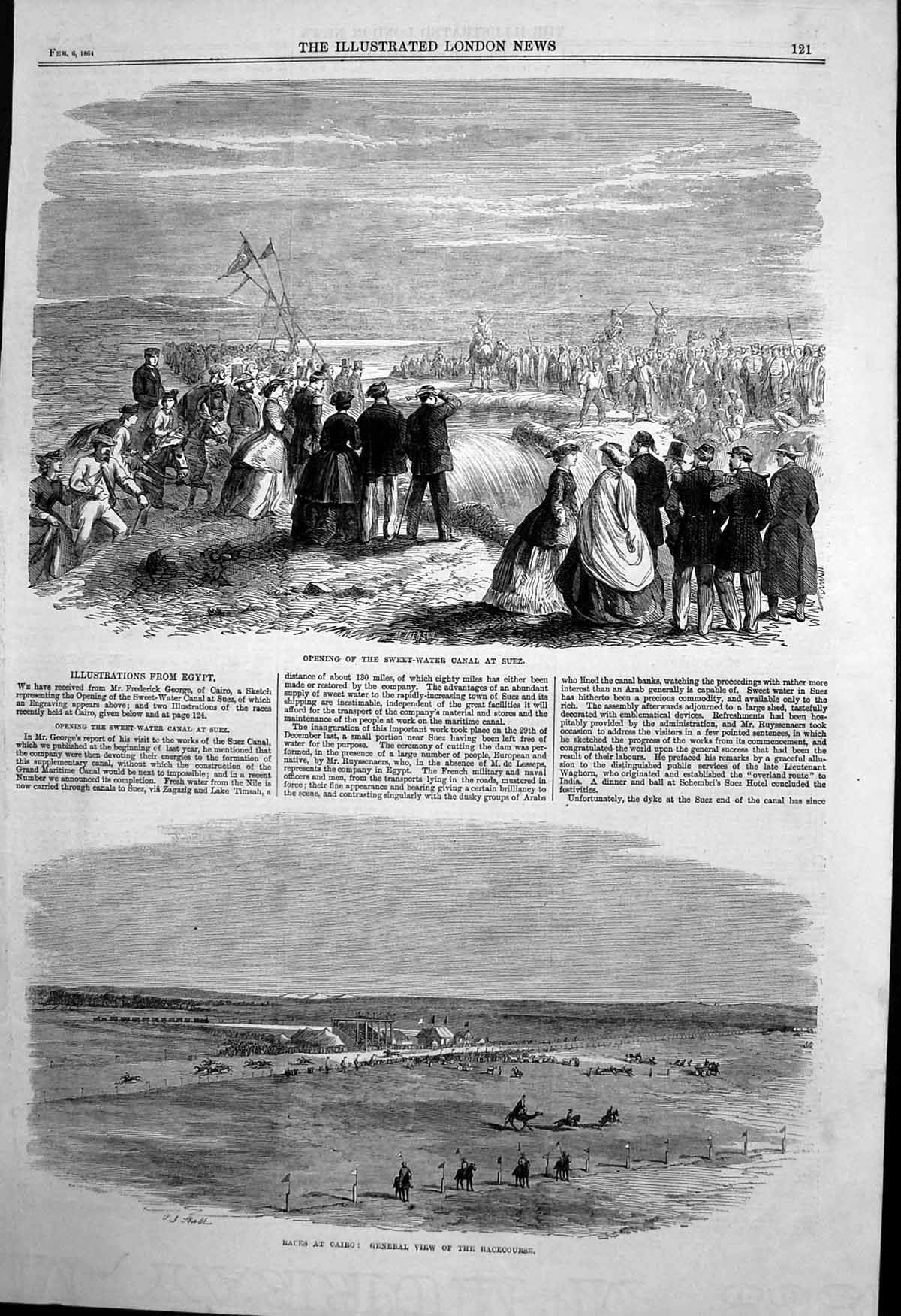 Antique Old Print Opening Sweet Water Canal Suez Races Cairo Racecourse 1864
