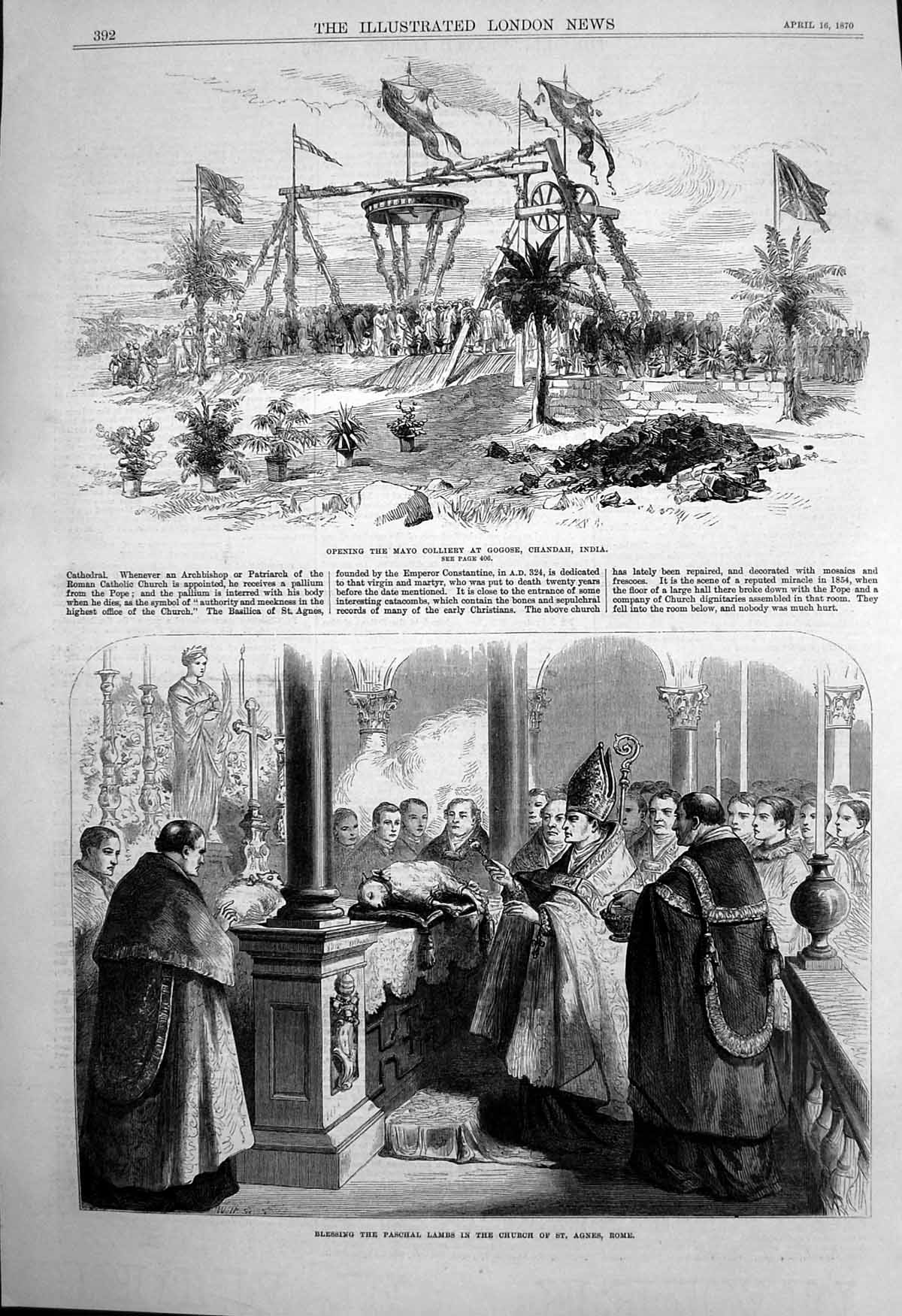 Antique Old Print Mayo Colliery Gogose India Blessing Paschal Lambs Rome 1870