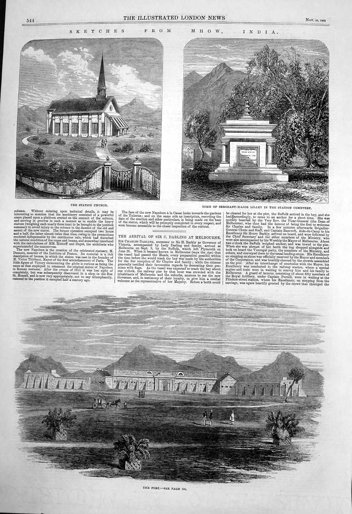 Old Print Mhow India Tomb Sergeant Maj Lilley Station Cemetery Fort 1863 19th