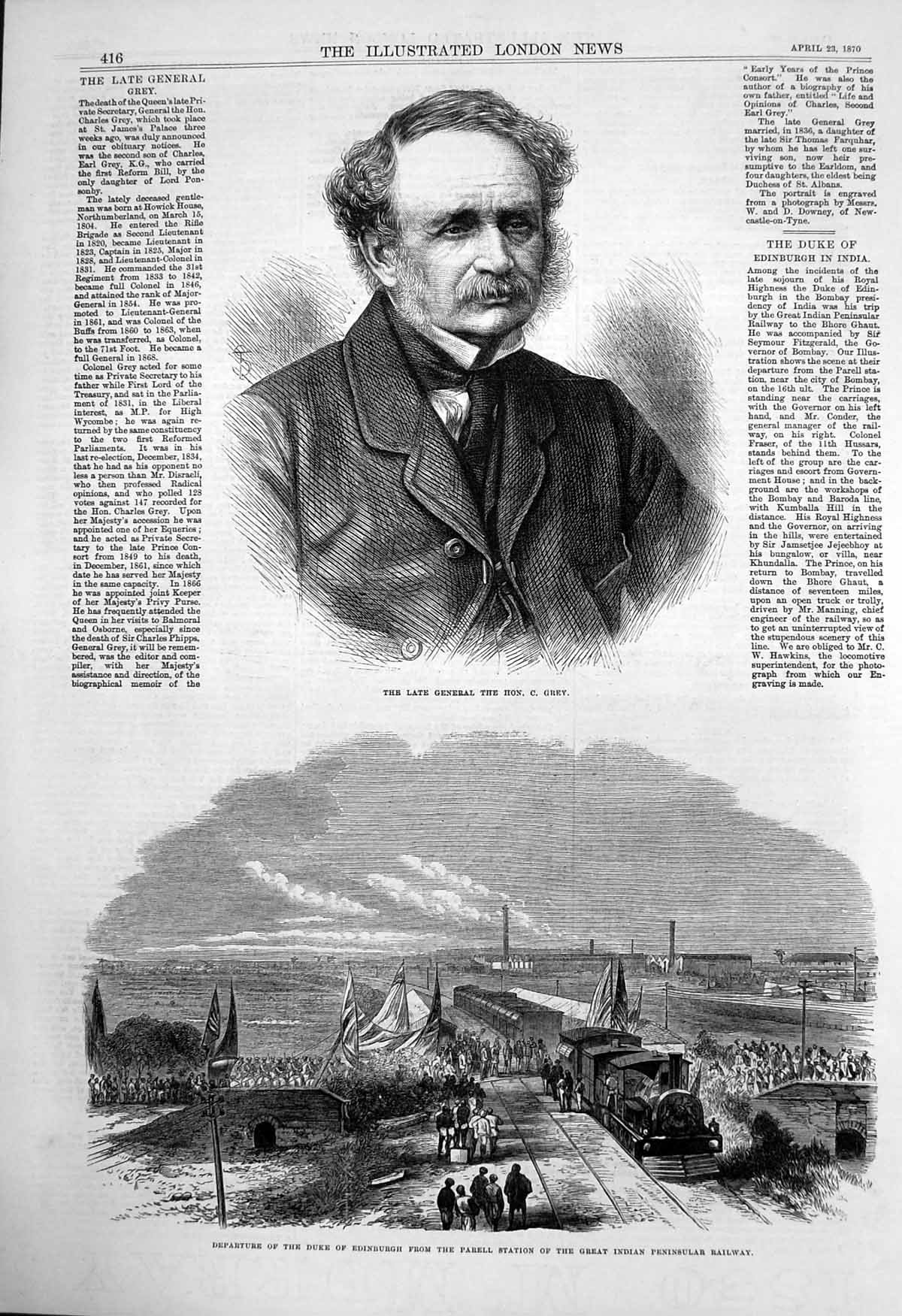 Old Print General C Grey Duke Edinburgh Parell Station Indian Railway1870 19th