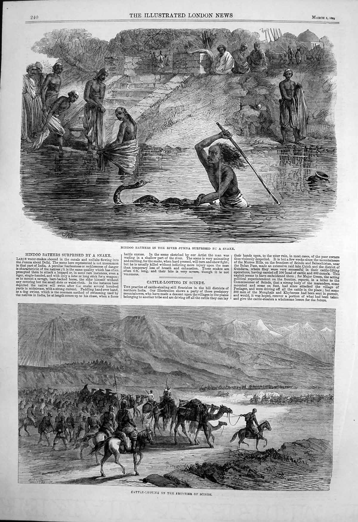 Antique Old Print Hindoo Bathers River Jumna Snake Cattle Looting Scinde 1864