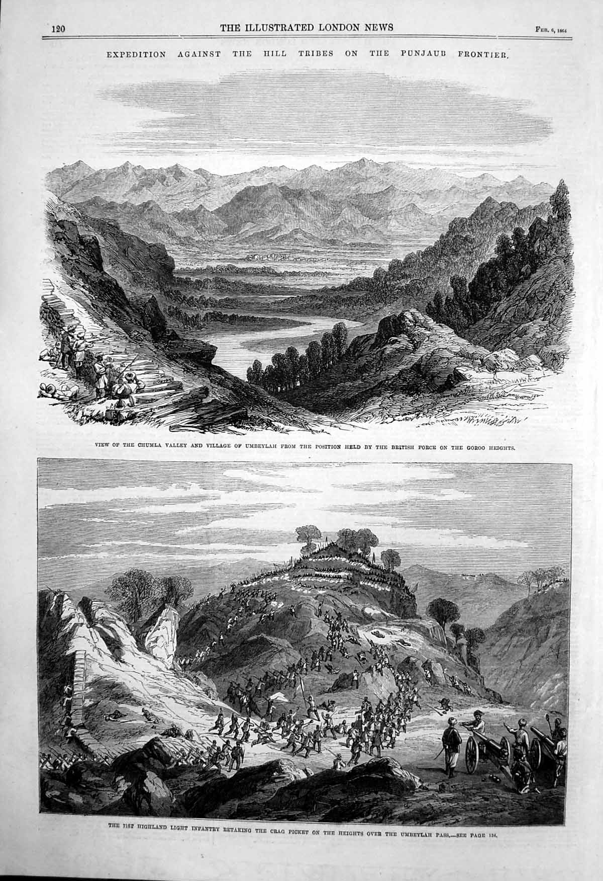 Antique Print British Force Retaking Crag Picket Hights Umbeylah Pass 1864 19th