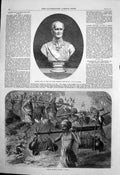 Antique Old Print Ganges Pilgrims Passing Ghaut Marble Bust Lord Seaton 1864