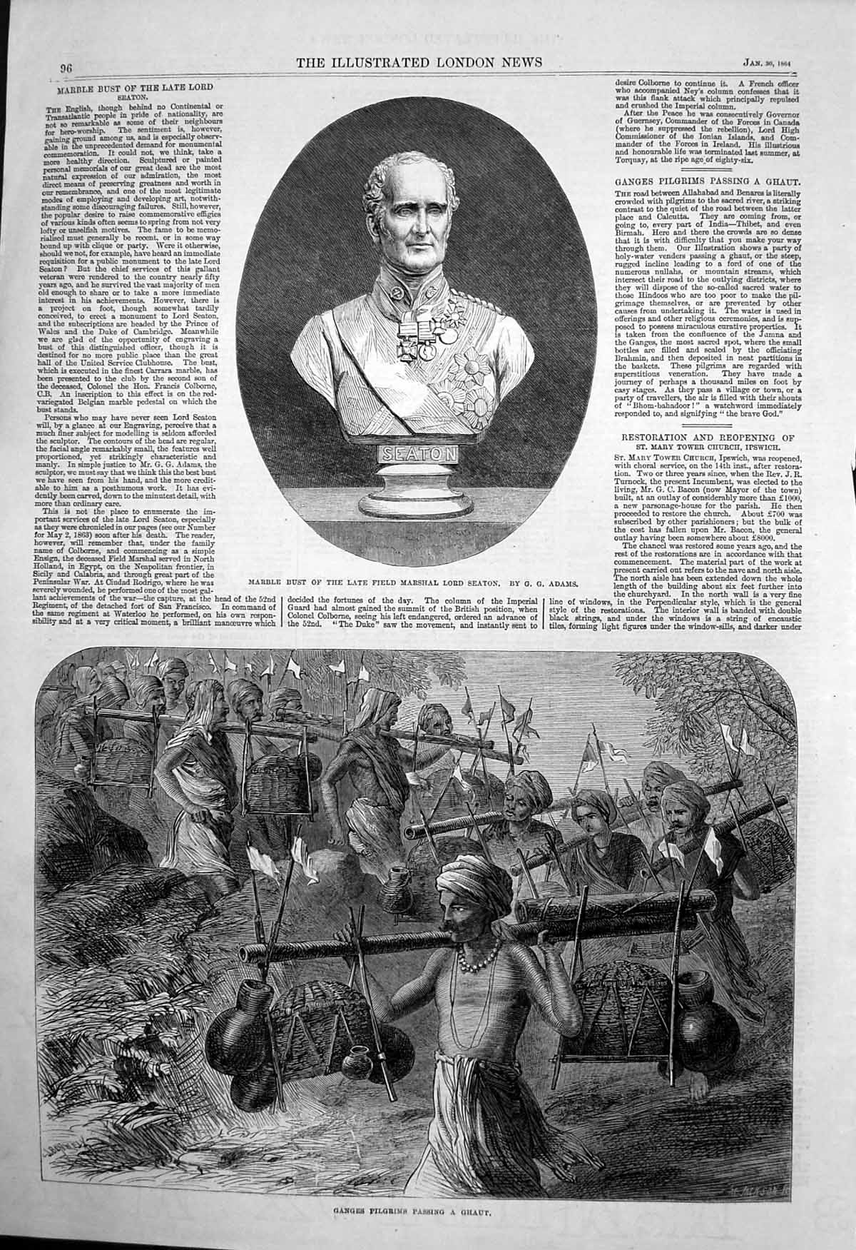 Antique Old Print Ganges Pilgrims Passing Ghaut Marble Bust Lord Seaton 1864