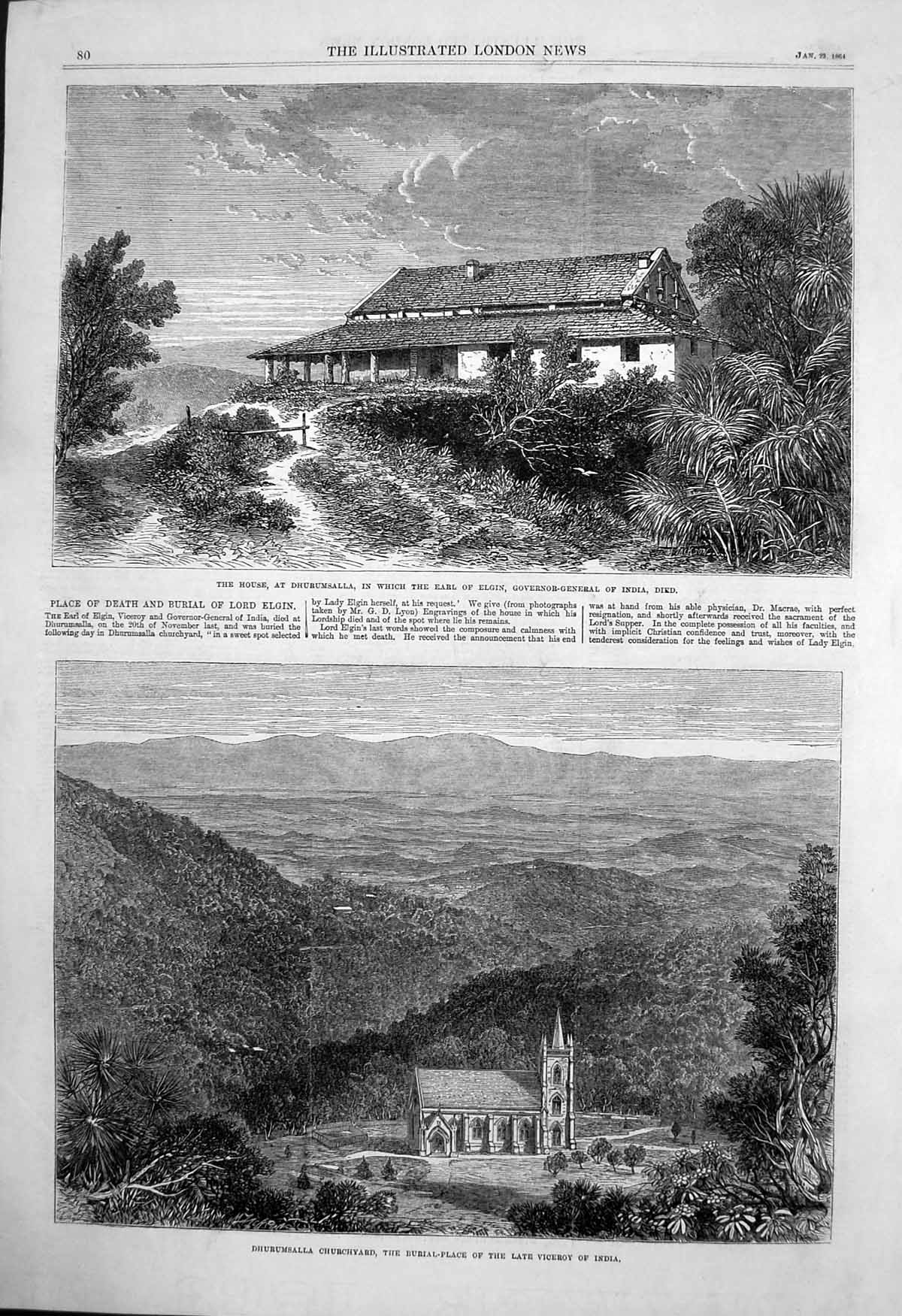 Old Antique Print Death Burial Lord Elgin Gov Gen India Dhurumsalla 1864 19th