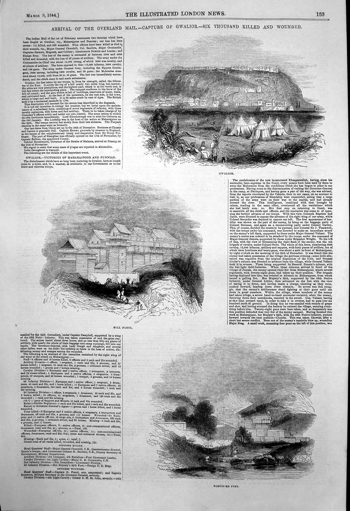 Antique Print Overland Mail Capture Gwalior Hill Forts Fortified Post 1844 19th