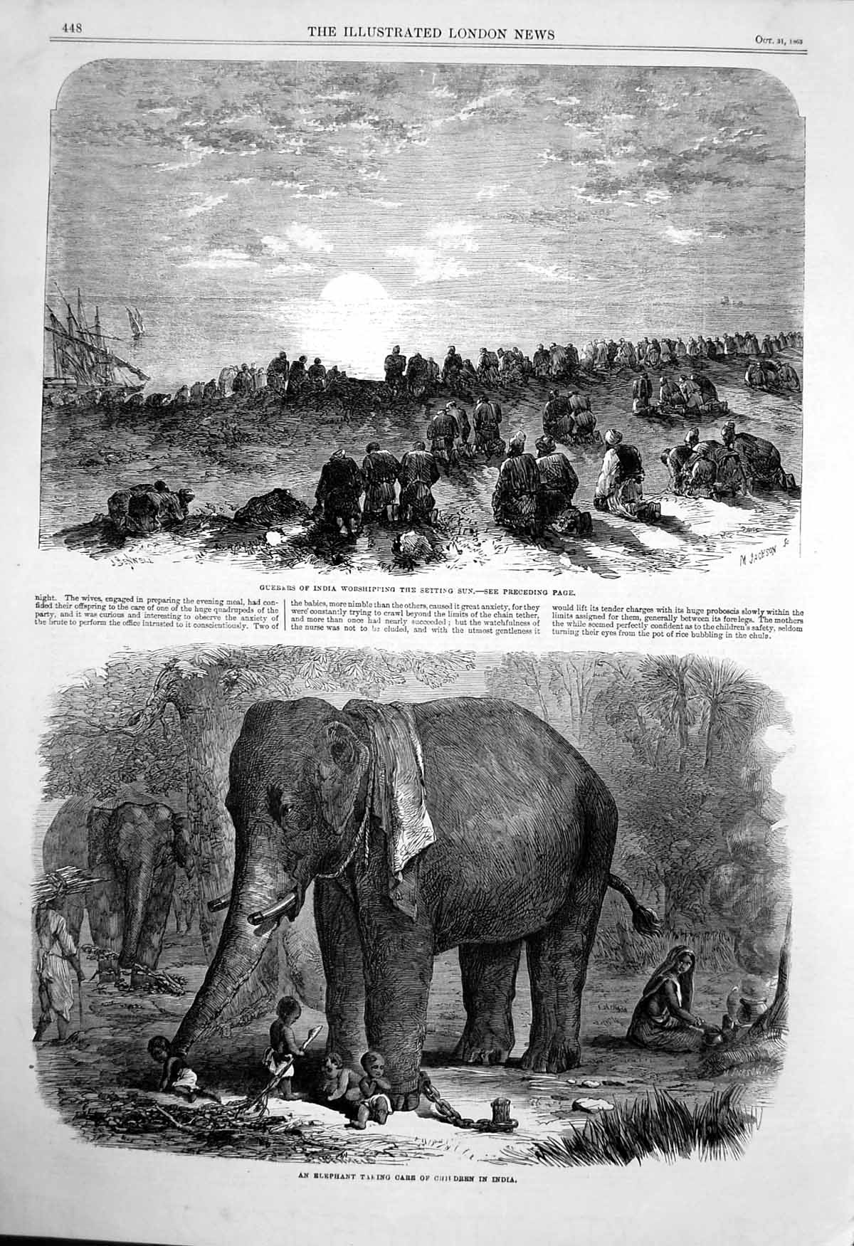 Old Print Elephant Taking Care Children Guebers India Worshipping Sun1863 19th