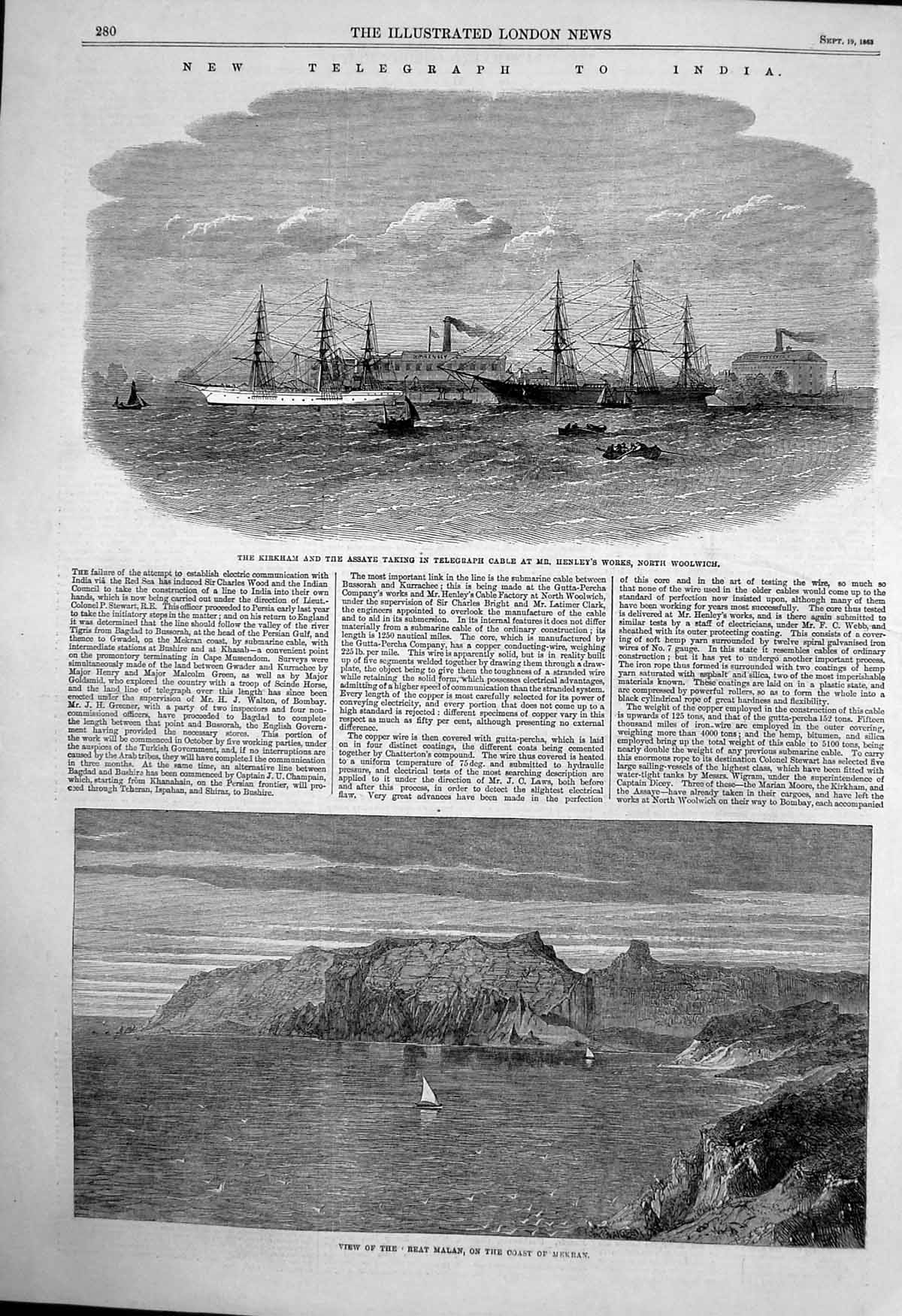 Antique Old Print Reat Malan Coast Mekran Kirkham Assaye Telegraph Cable 1863