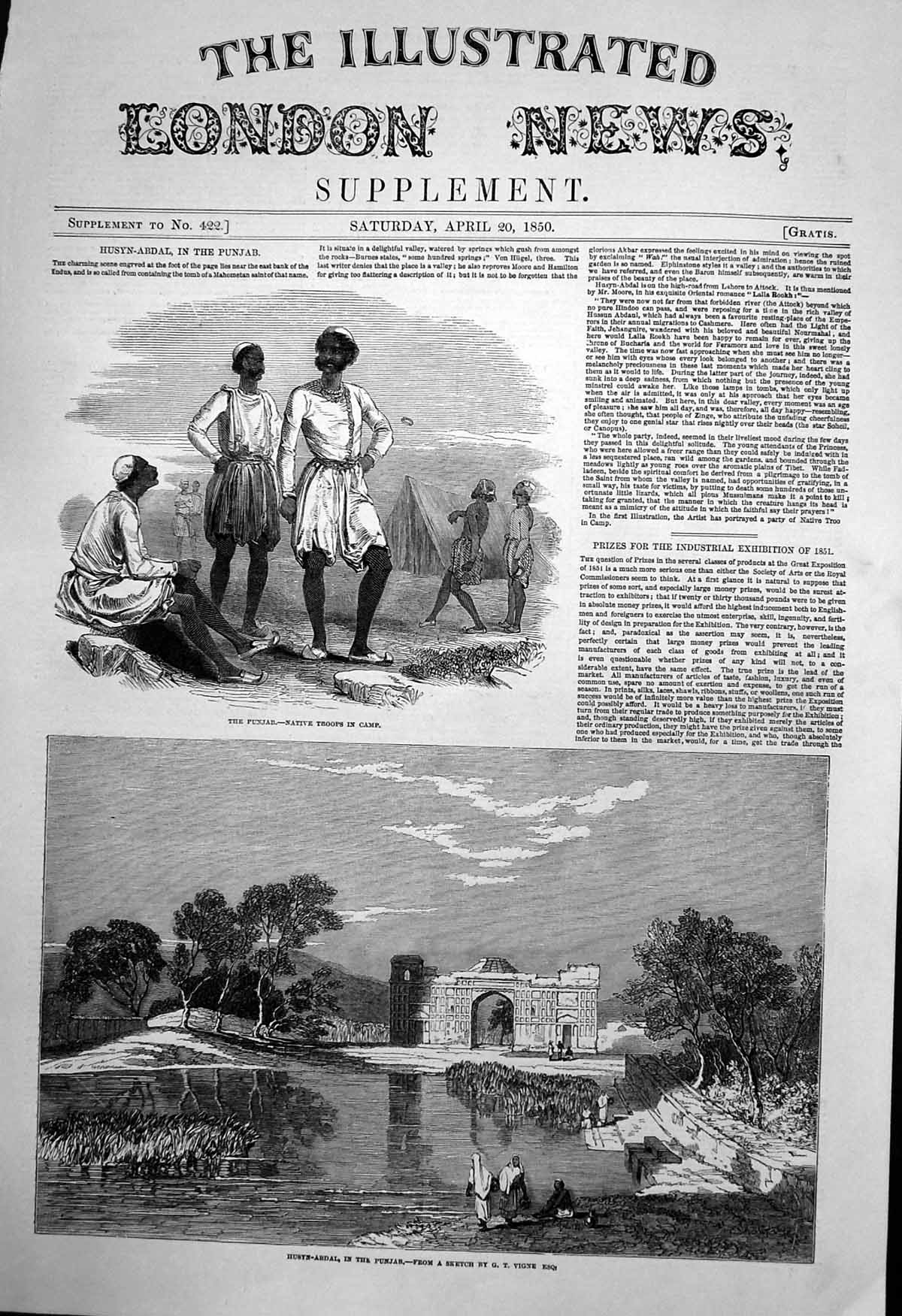Old Antique Print Native Troops Camp Husyn Abdal Punjab Bank Indus 1850 19th