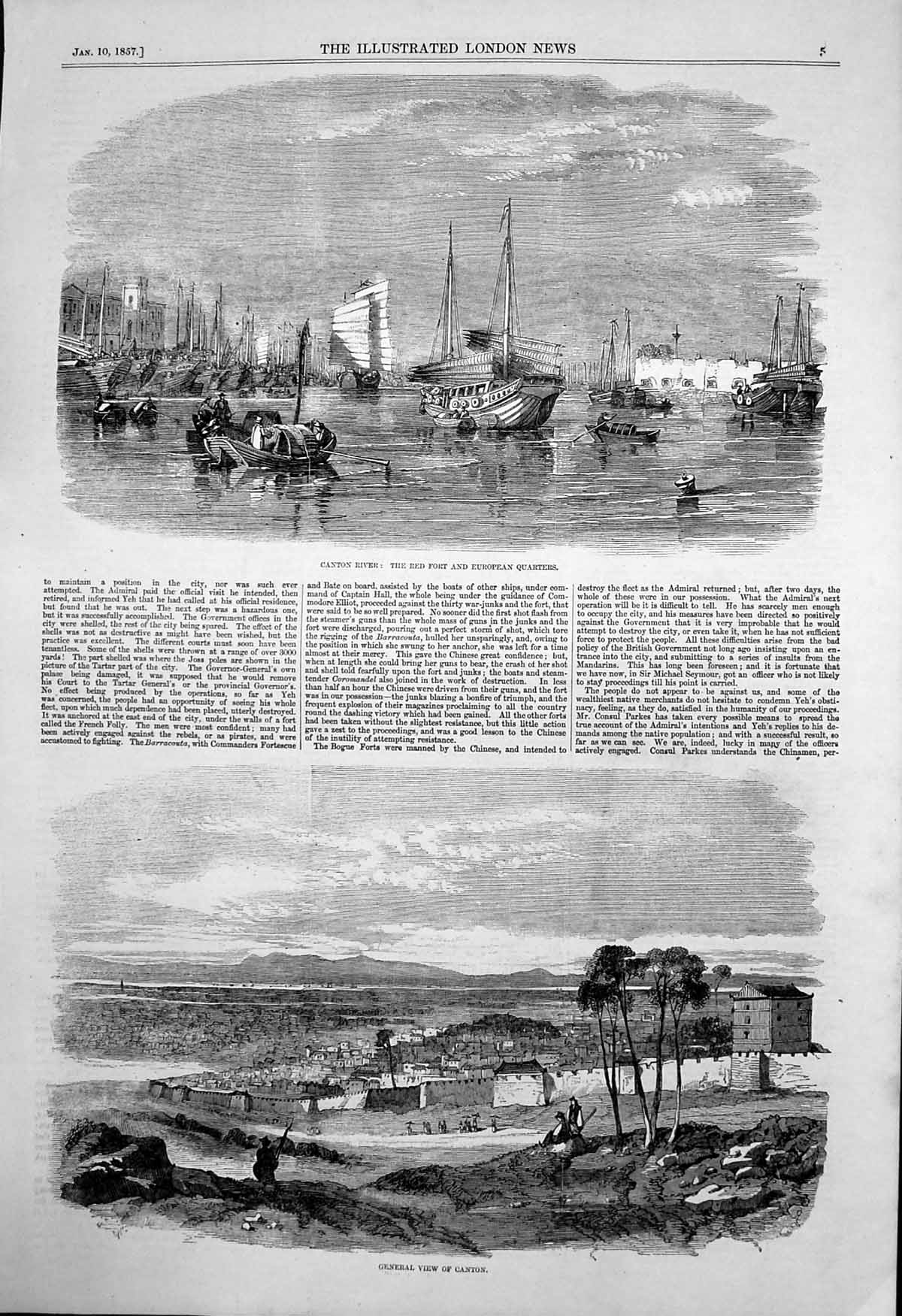 Old Antique Print Canton River Red Fort European Quarters View City 1857 19th