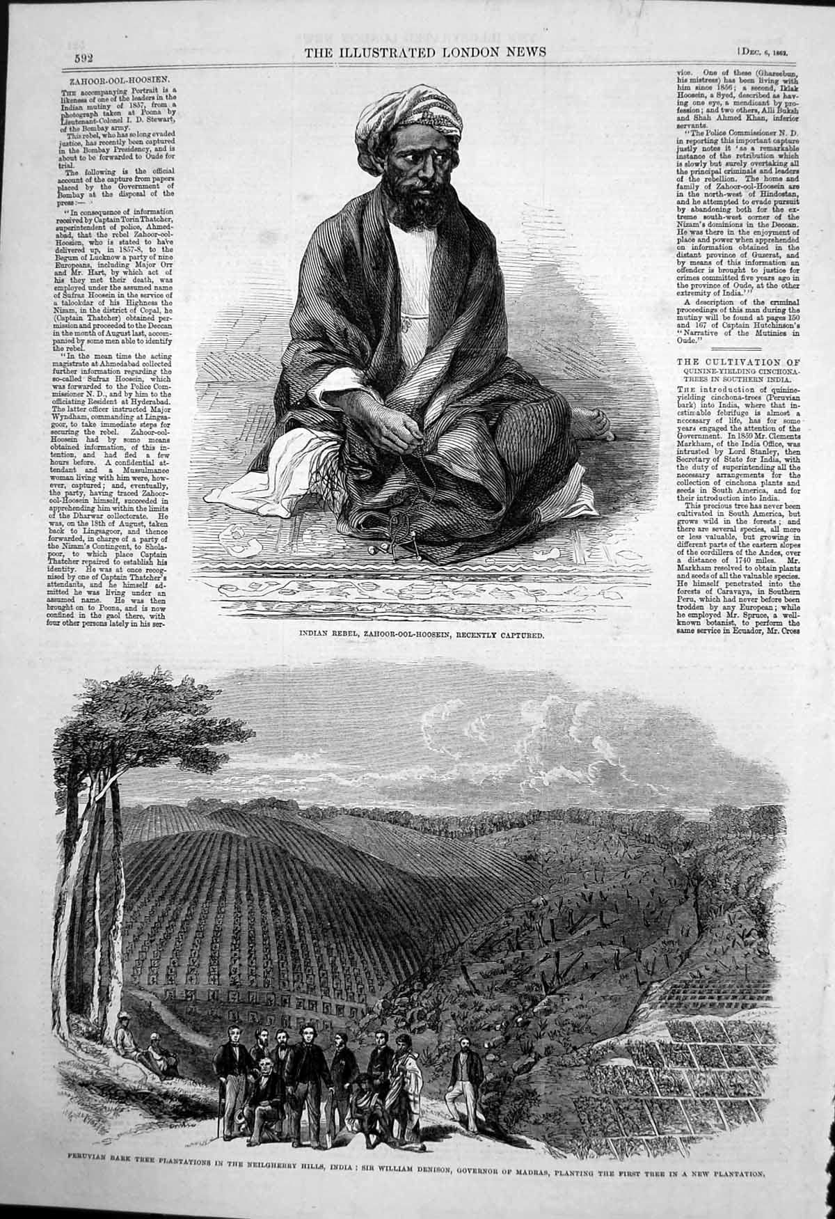 Antique Old Print Zahoor-Ool-Hoosein Indian Rebel Tree Plantations India 1862