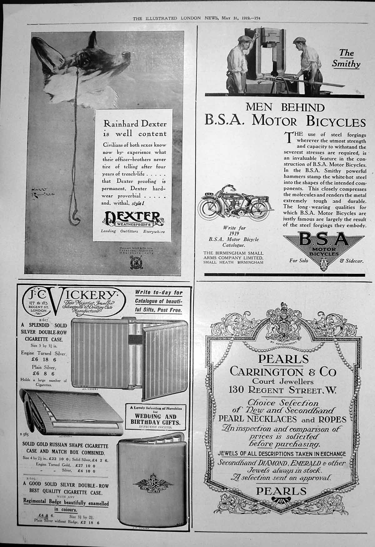 Antique Old Print Dexter Weatherproofs Pearls Carrington Co Jewellers 1919 20th
