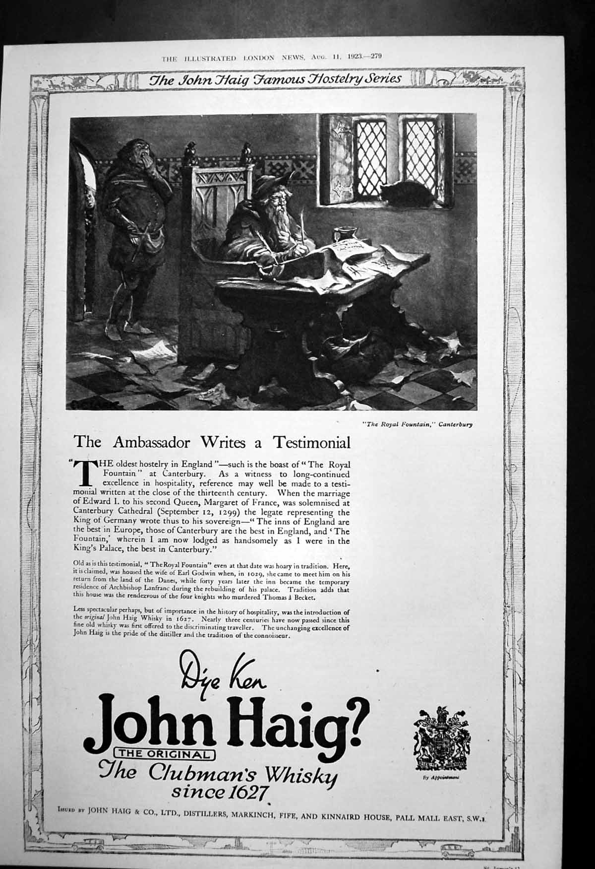 Original Old Vintage Print John Haig Clubmans Whisky Distillers Fife 1923 20th