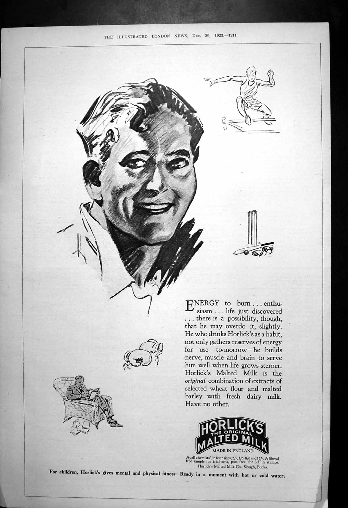 Original Old Vintage Print Horlicks Malted Milk With Hot CWater 1923 20th