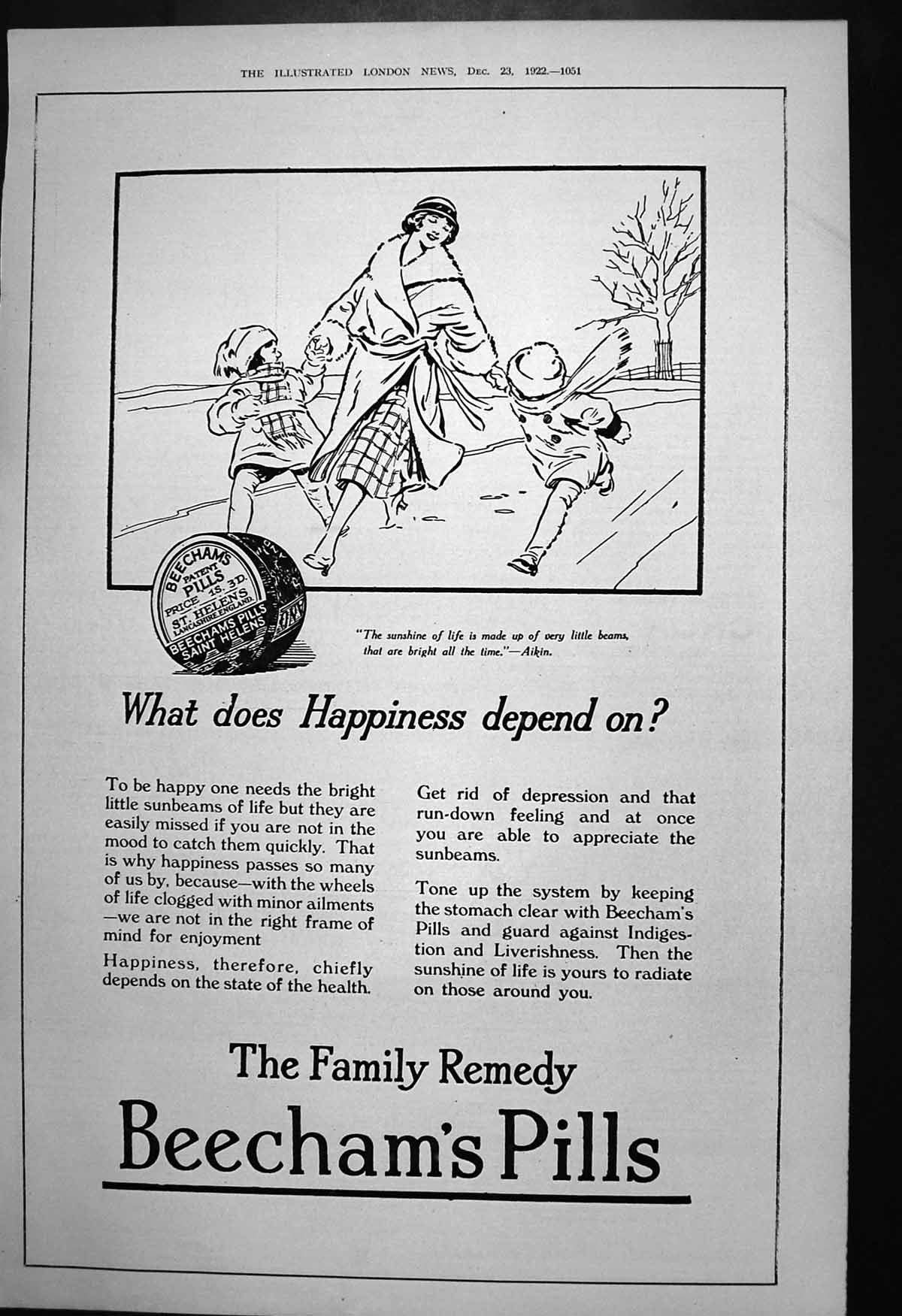 Original Old Vintage Print Beechams Pills What Does Happiness Depend On 1922